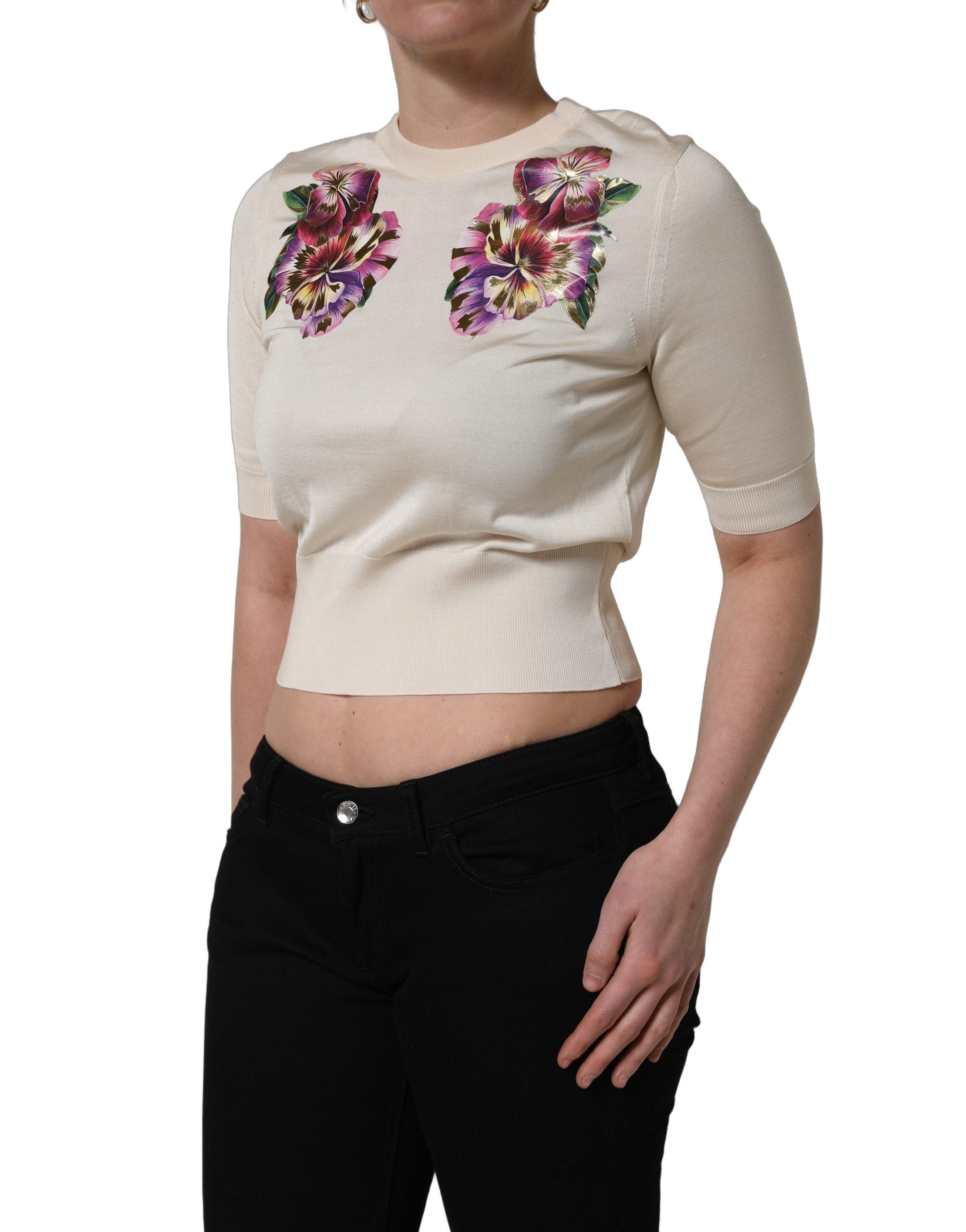Dolce & Gabbana Beige Floral Print Silk CrewNeck Pullover Women's Top (Pre-Owned)