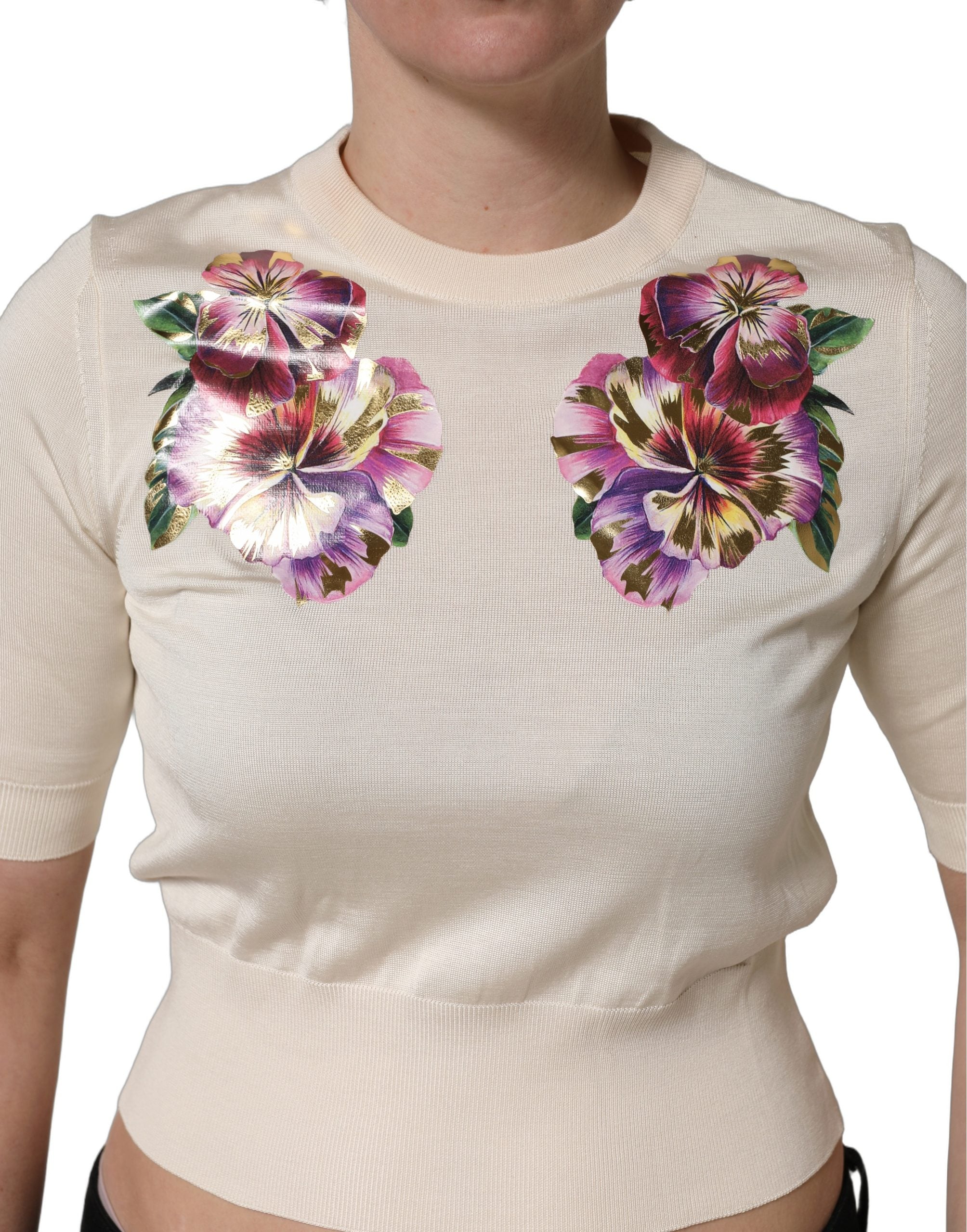 Dolce & Gabbana Beige Floral Print Silk CrewNeck Pullover Women's Top (Pre-Owned)