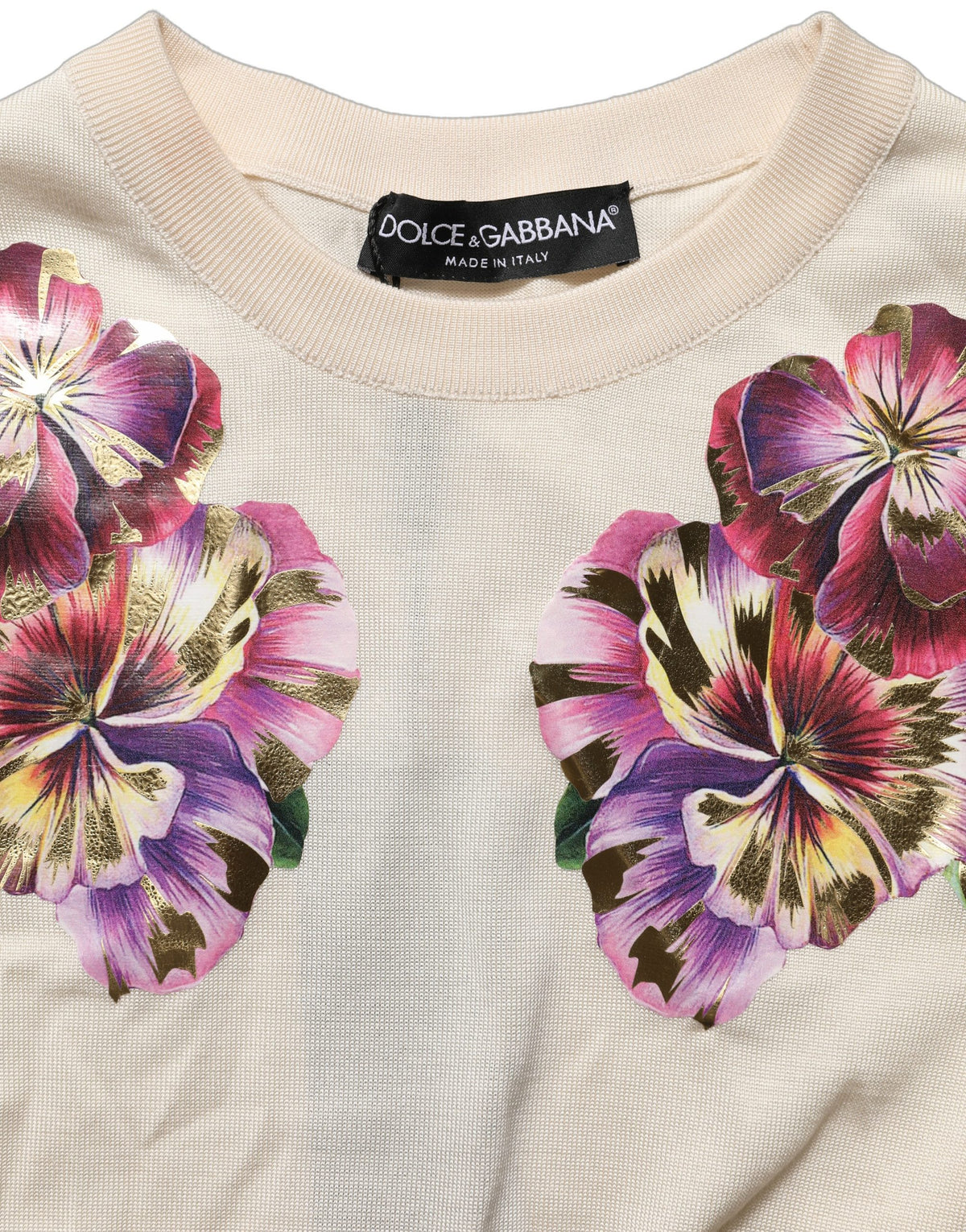Dolce & Gabbana Beige Floral Print Silk CrewNeck Pullover Women's Top (Pre-Owned)