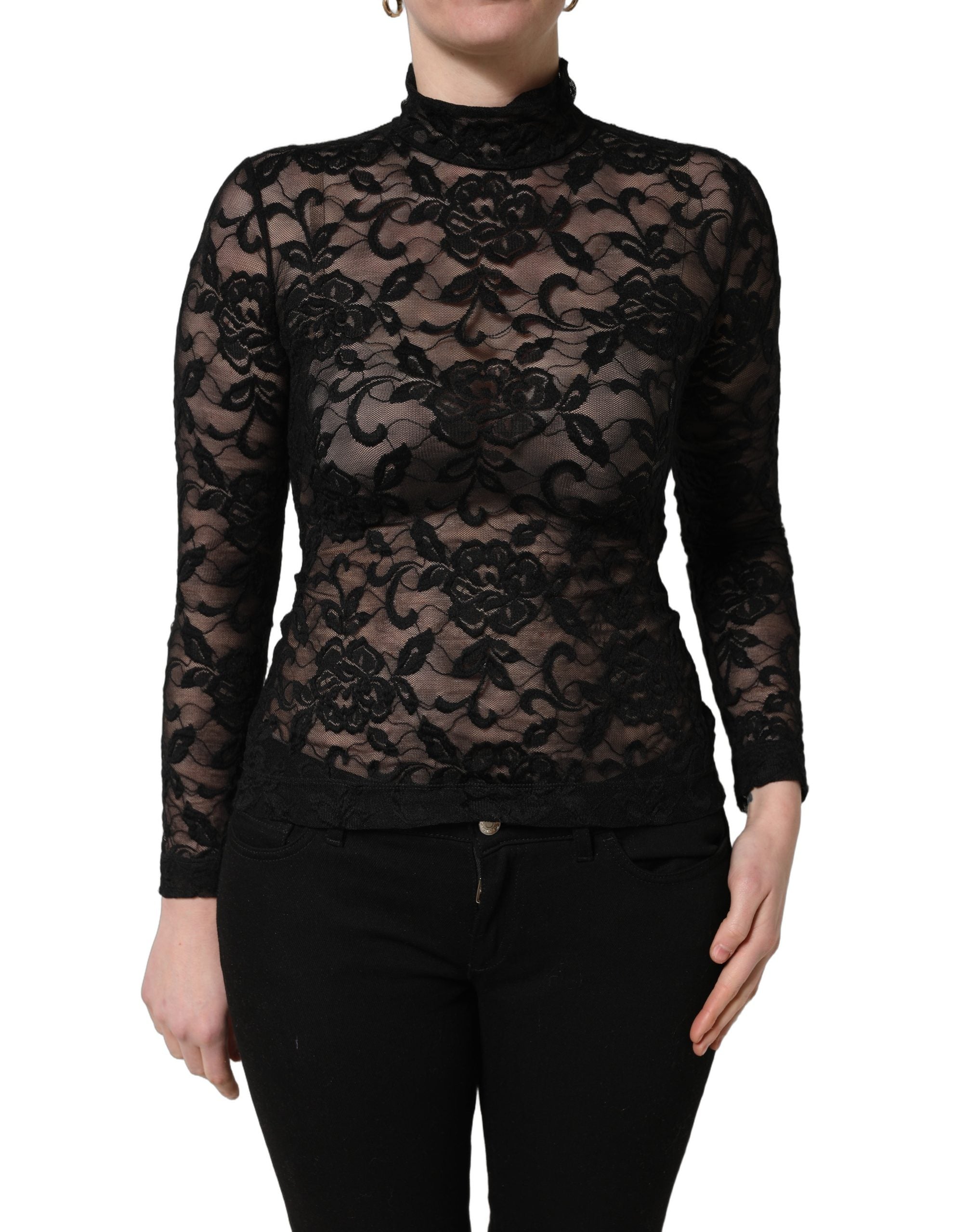 Dolce & Gabbana Black Floral Lace Turtle Neck Long Sleeve Women's Top (Pre-Owned)