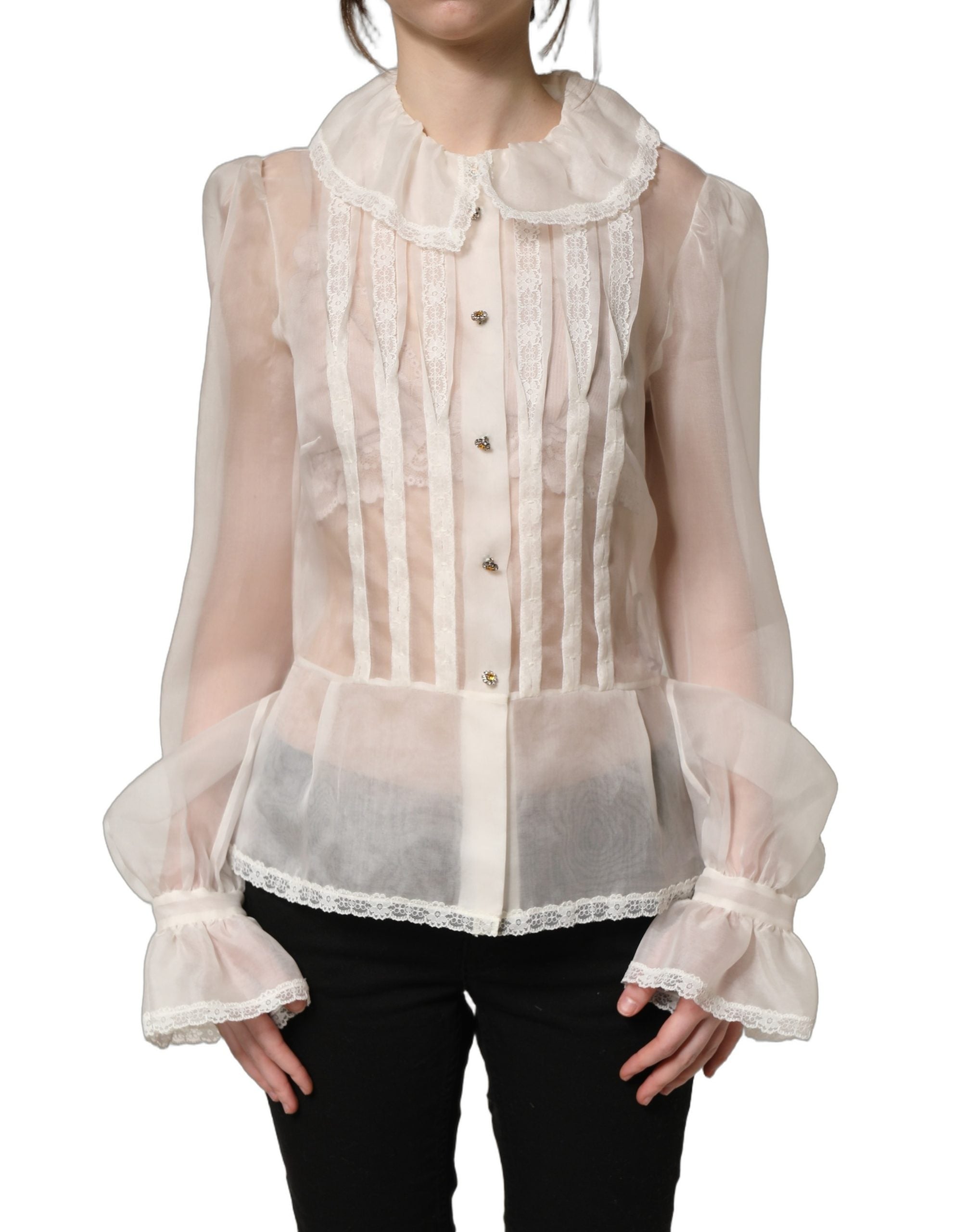 Dolce & Gabbana White Ruffled Sheer Silk Buttoned Blouse Women's Top