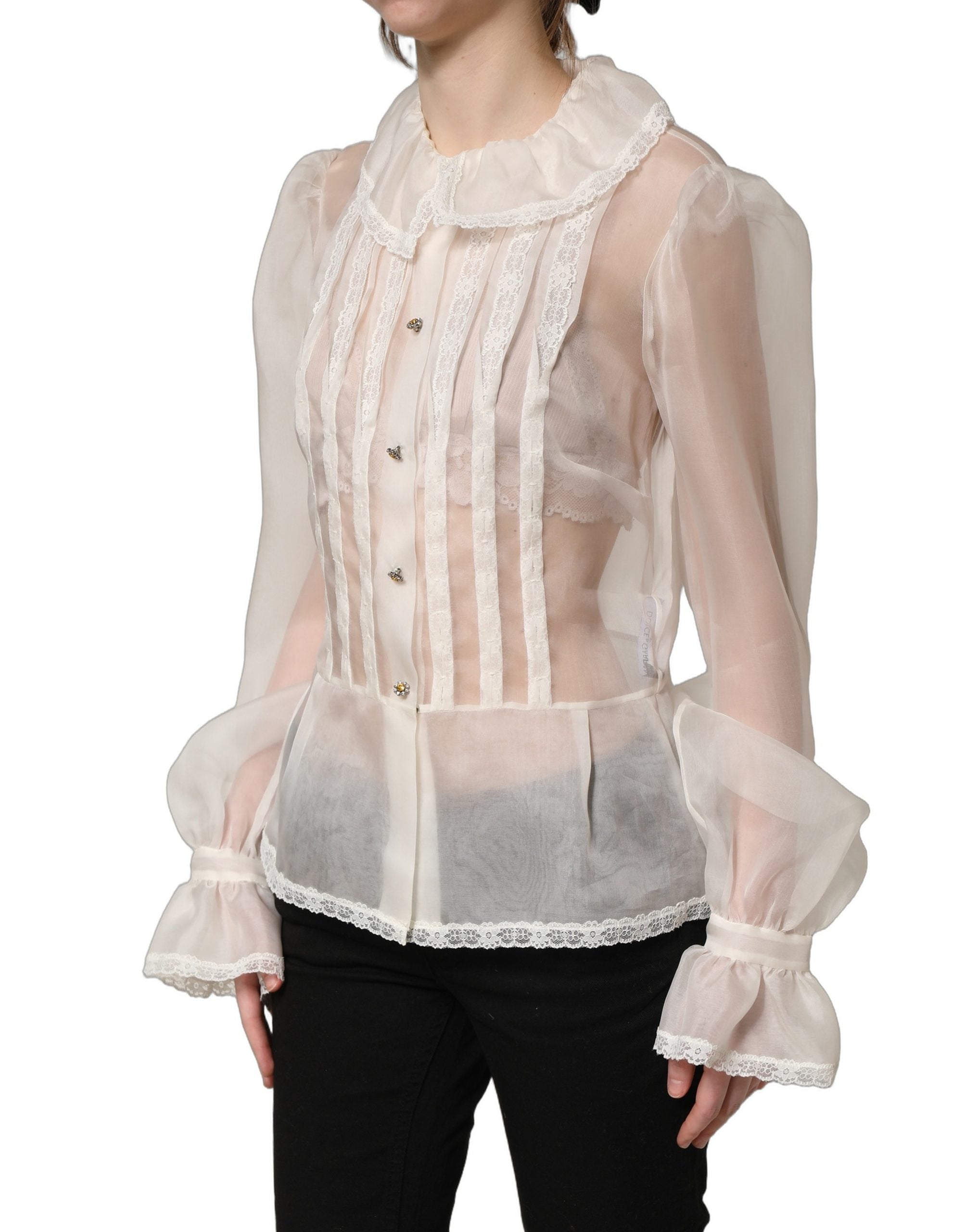 Dolce & Gabbana White Ruffled Sheer Silk Buttoned Blouse Women's Top