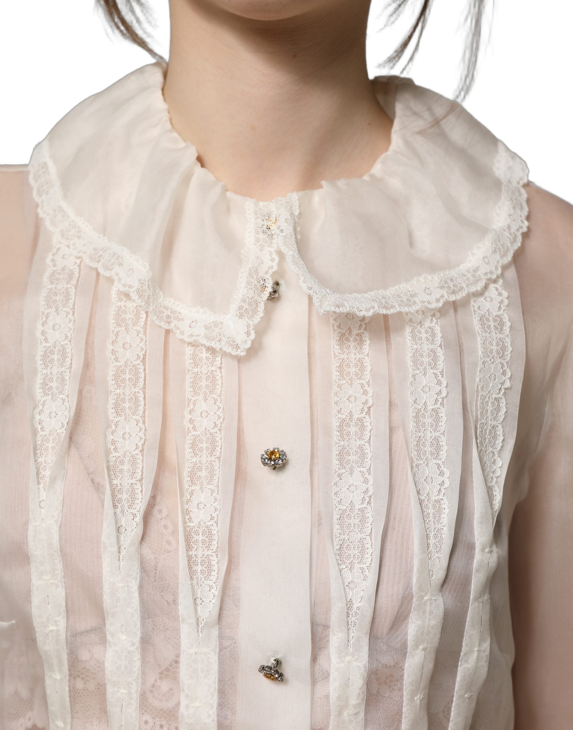 Dolce & Gabbana White Ruffled Sheer Silk Buttoned Blouse Women's Top