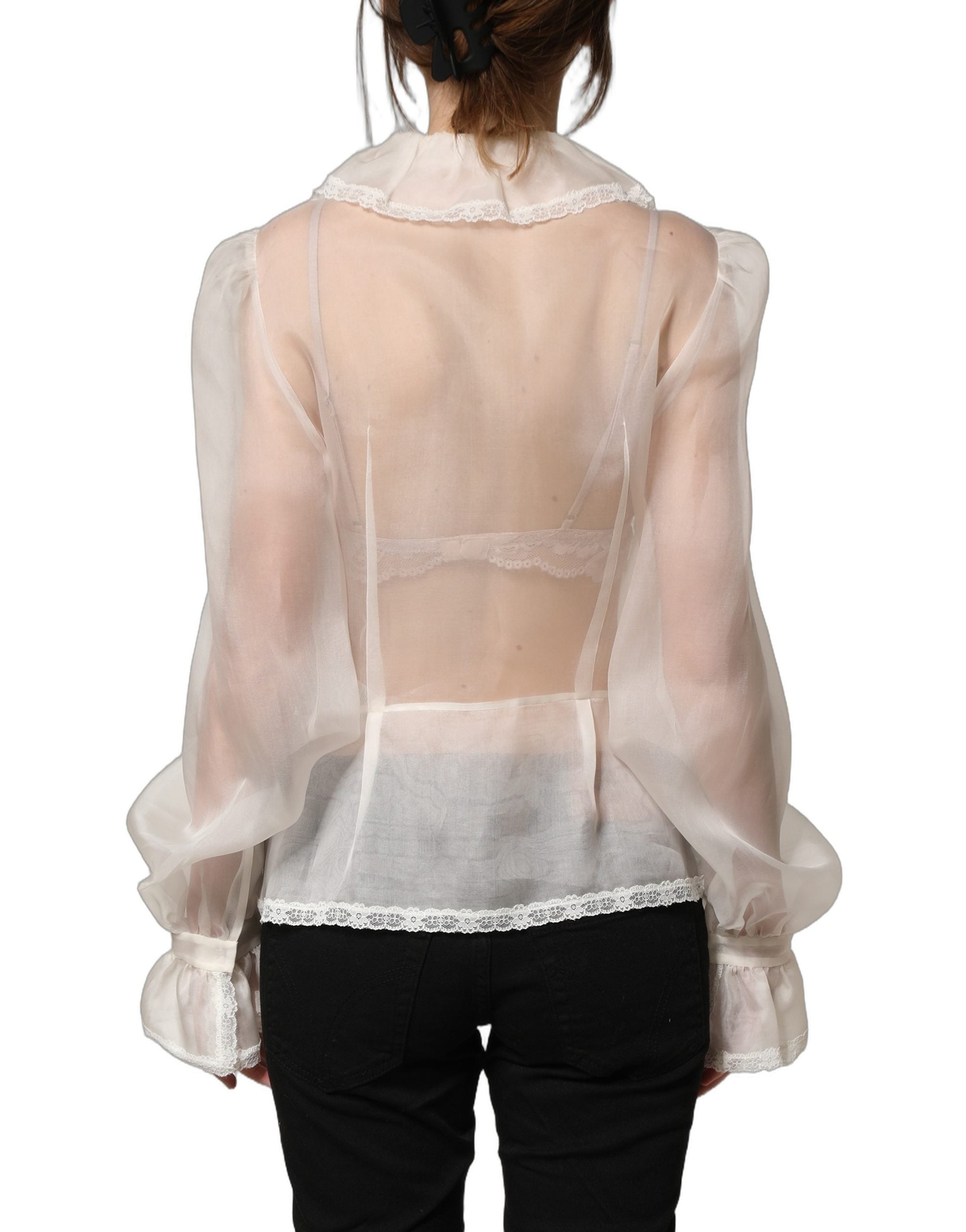Dolce & Gabbana White Ruffled Sheer Silk Buttoned Blouse Women's Top