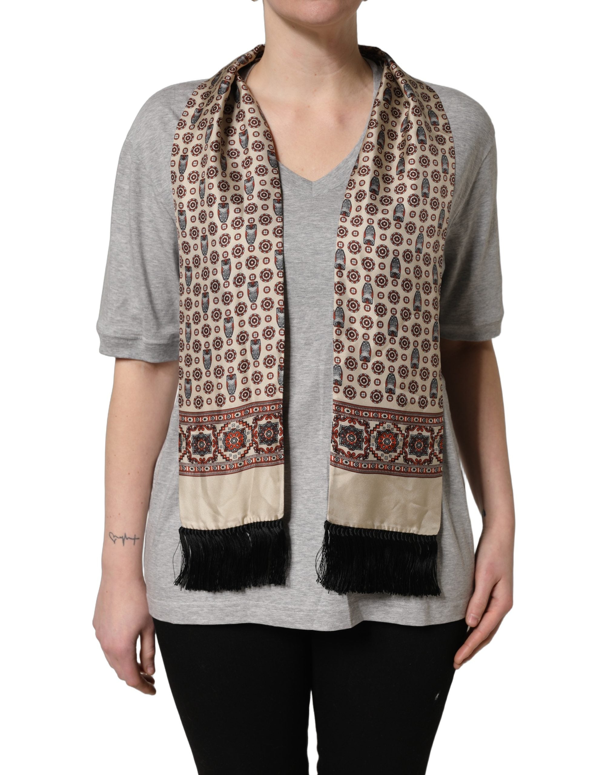 Dolce & Gabbana Gray Cotton V-neck Owl Silk Scarf Top Women's T-shirt