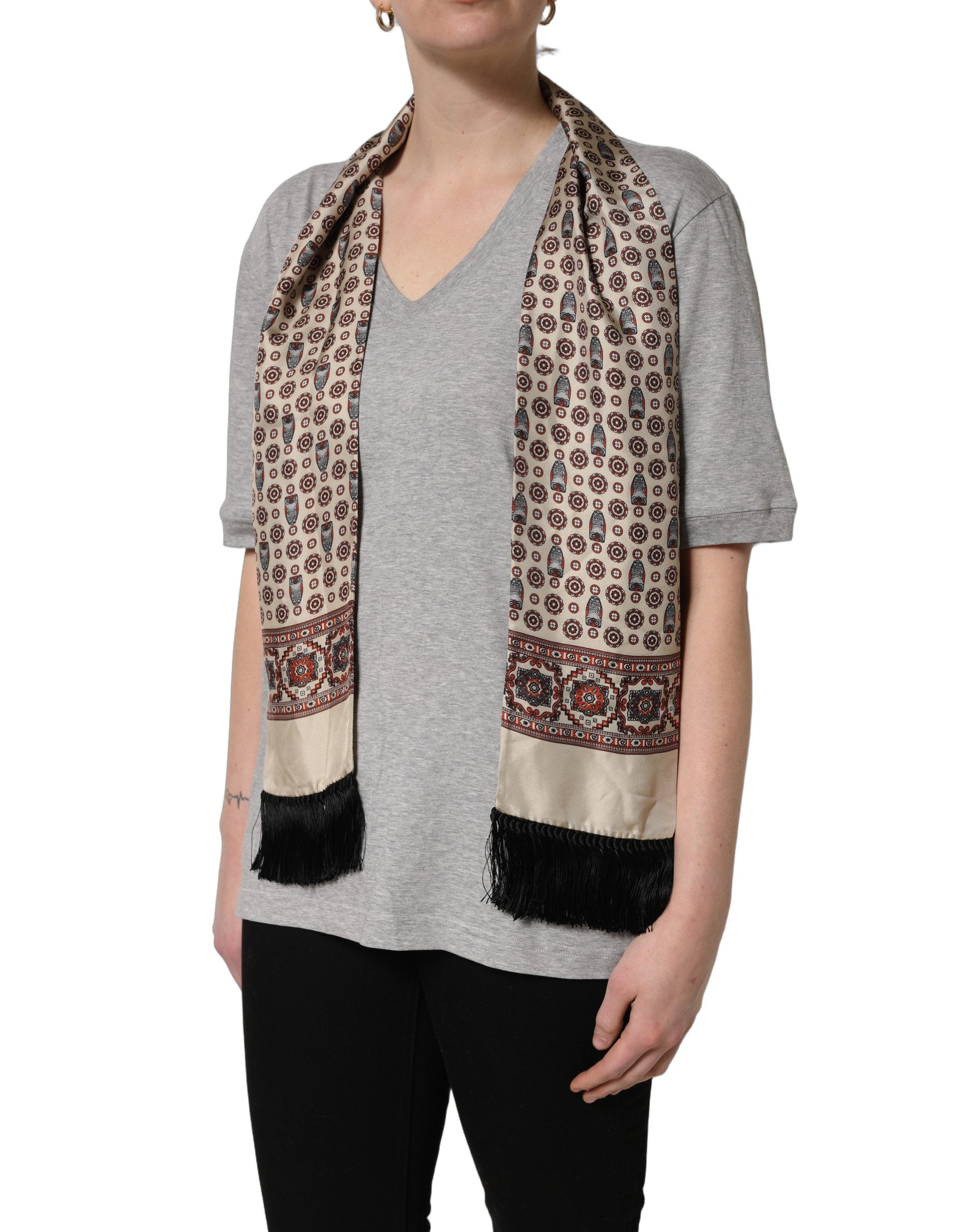 Dolce & Gabbana Gray Cotton V-neck Owl Silk Scarf Top Women's T-shirt