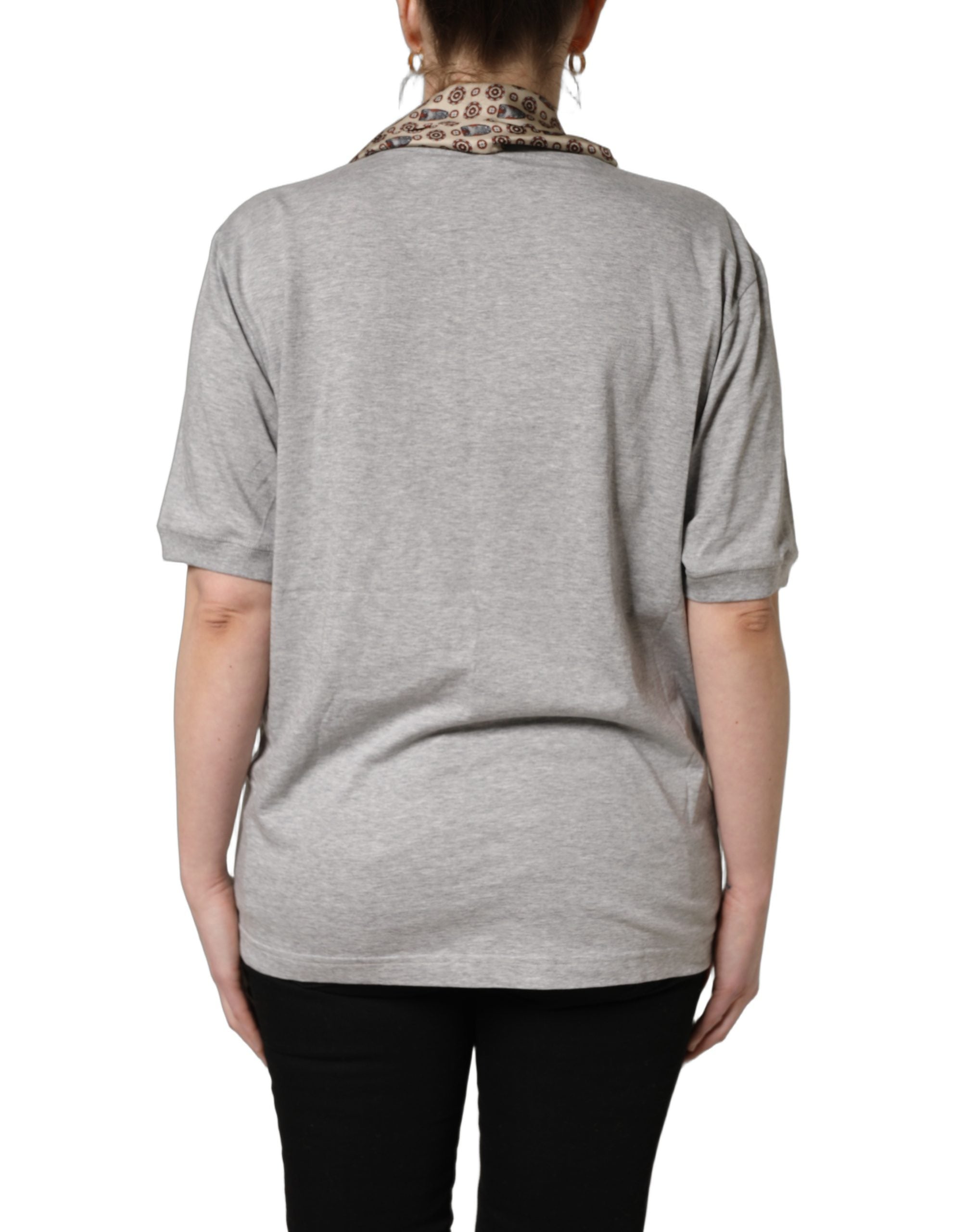 Dolce & Gabbana Gray Cotton V-neck Owl Silk Scarf Top Women's T-shirt