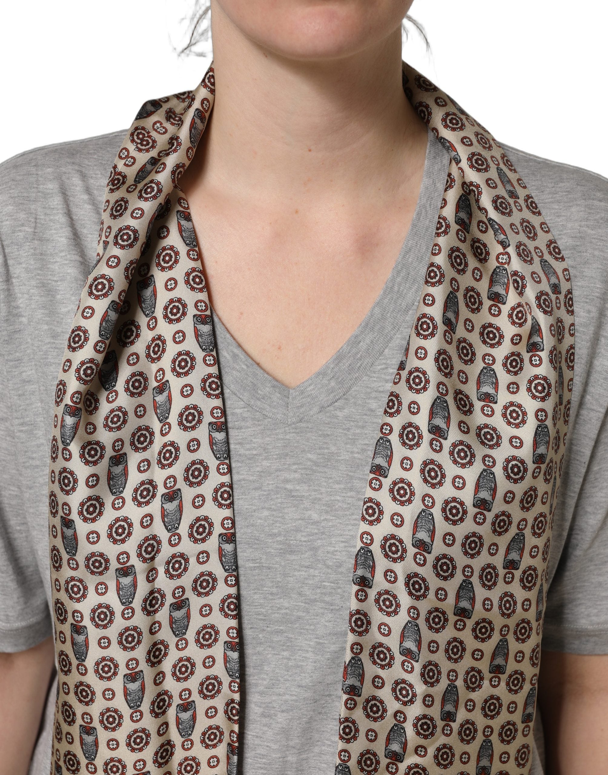 Dolce & Gabbana Gray Cotton V-neck Owl Silk Scarf Top Women's T-shirt