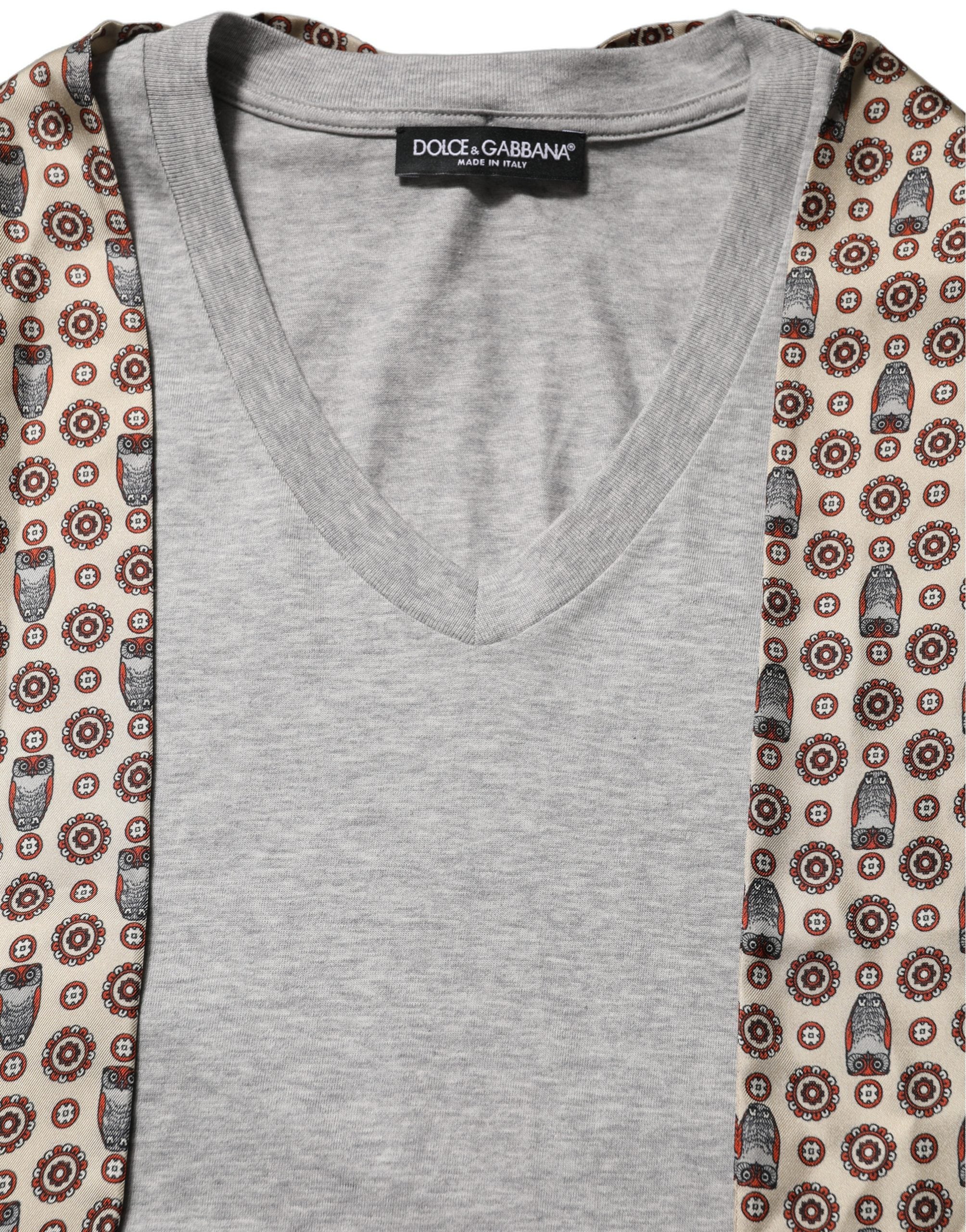 Dolce & Gabbana Gray Cotton V-neck Owl Silk Scarf Top Women's T-shirt