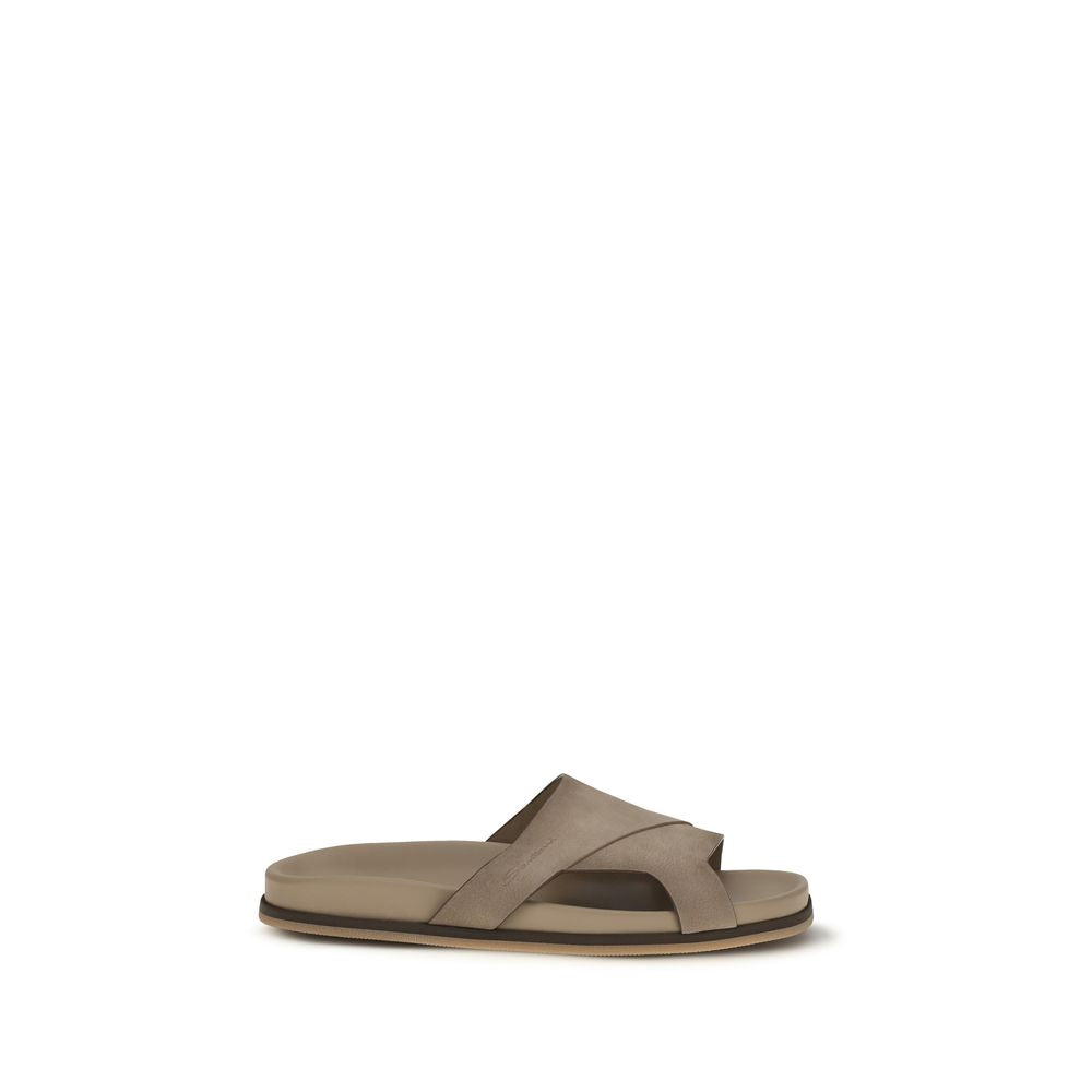 Santoni Beige Calf Leather Bos Taurus Flat Men's Sandals