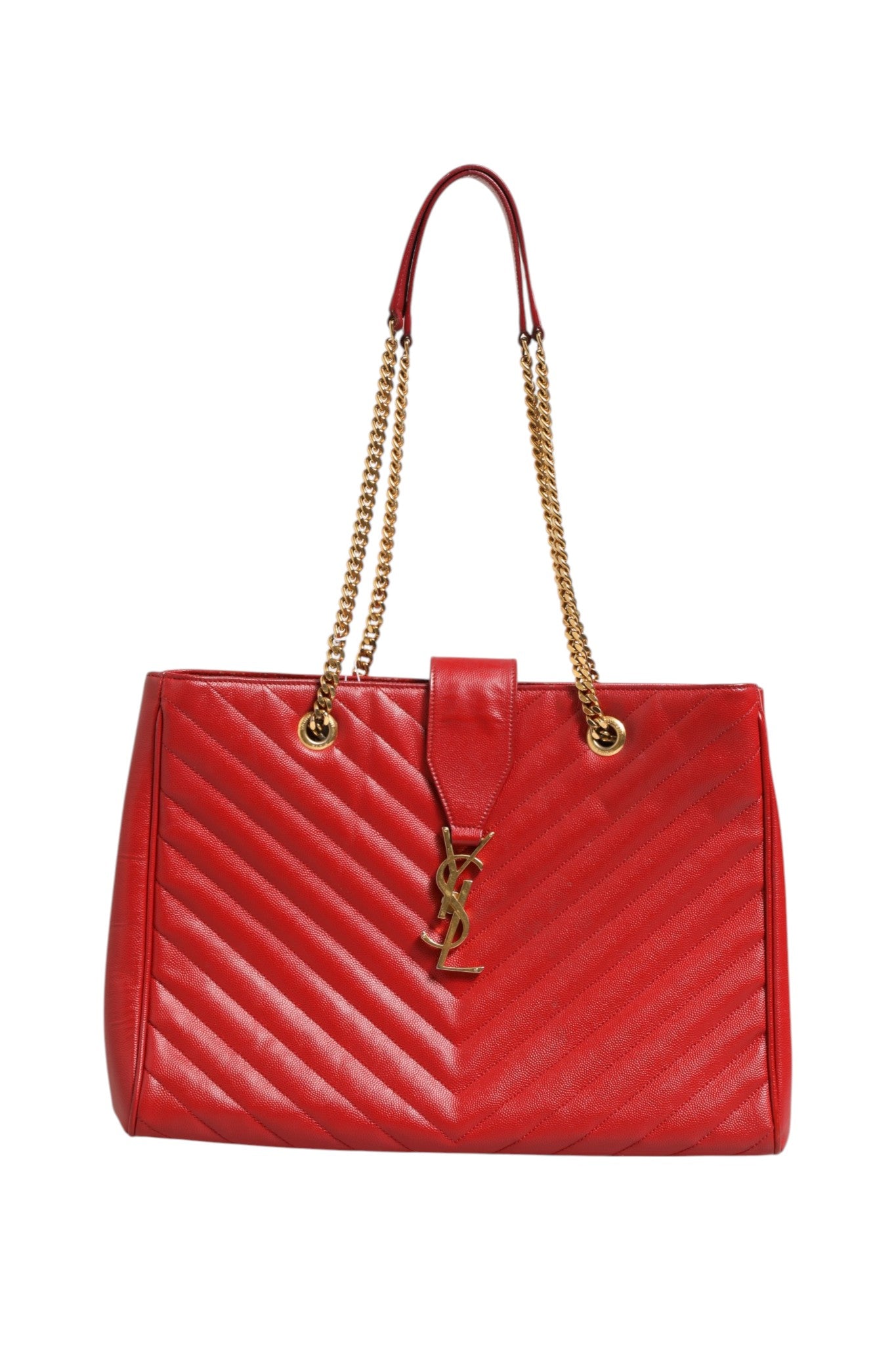 Saint Laurent Red Chevron Quilted Grained Leather Monogram Tote Women's Bag (Pre-Owned)