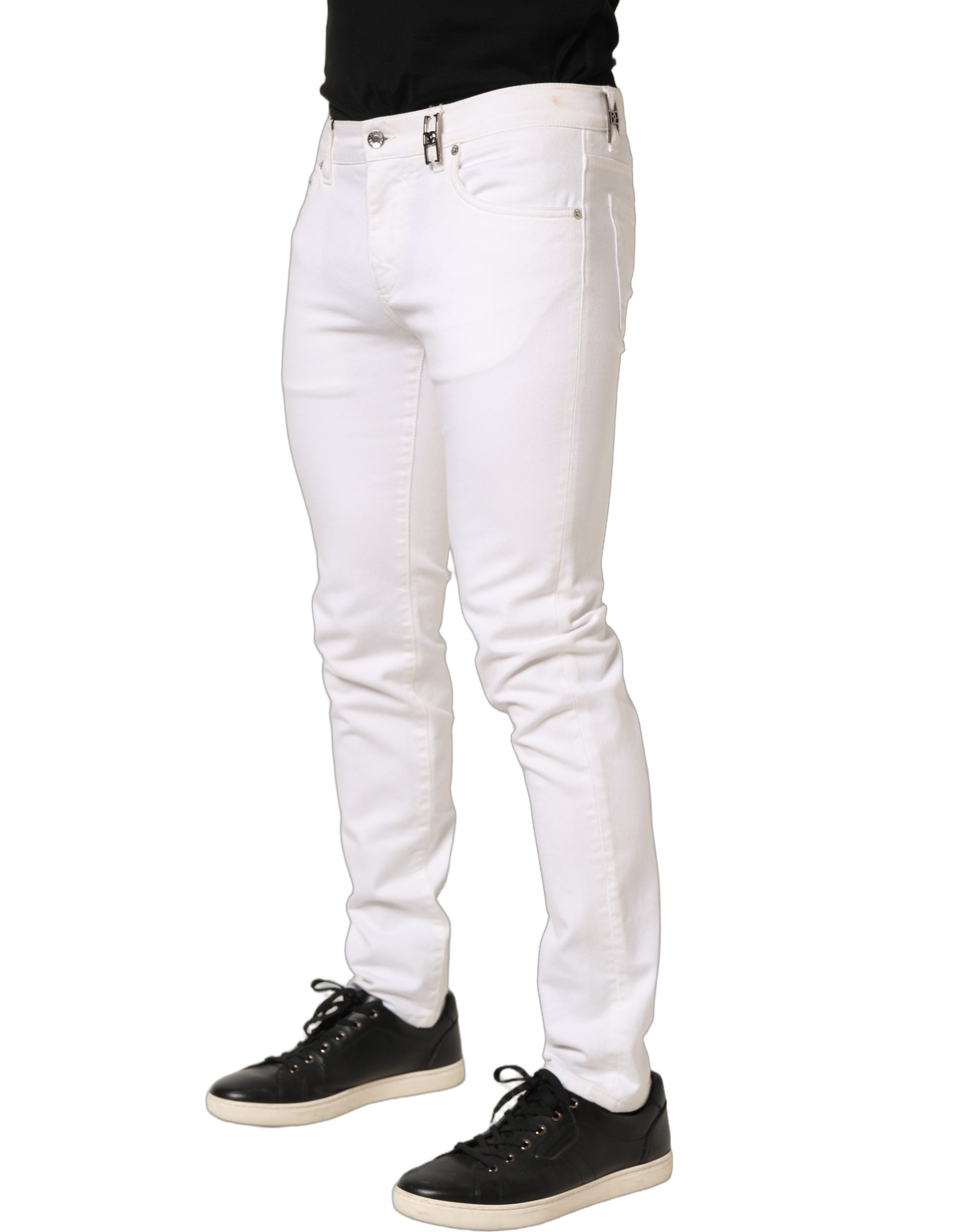 Dolce & Gabbana White Cotton Skinny Mid Waist Denim Men's Jeans (Pre-Owned)
