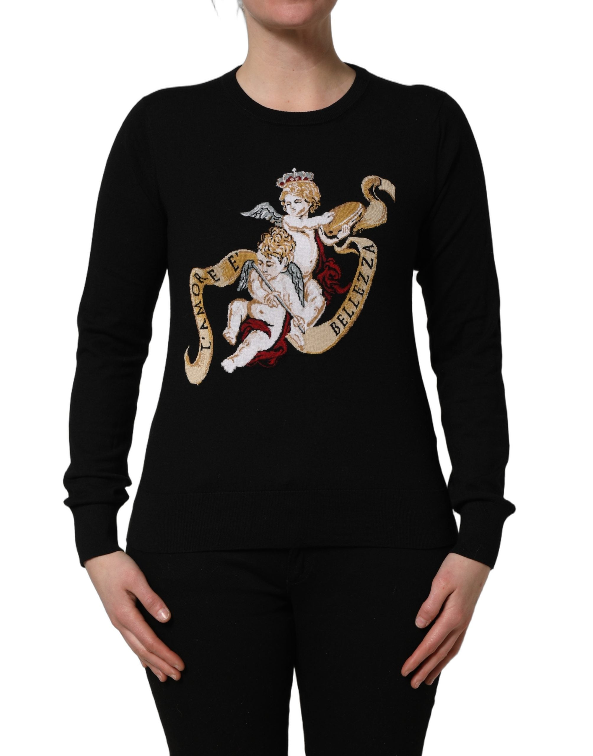 Dolce & Gabbana Black Angels Wool Crew Neck Pullover Women's Sweater