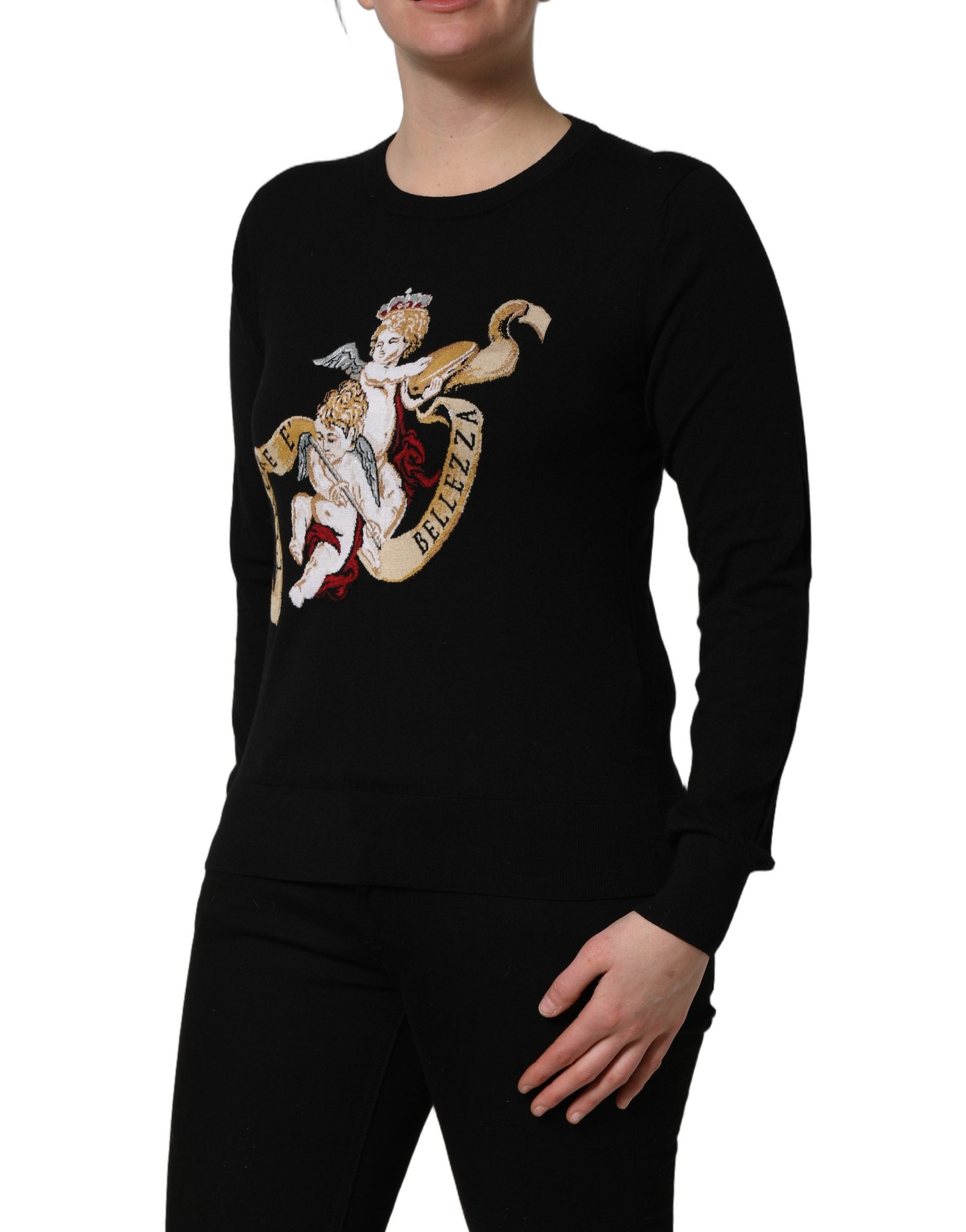 Dolce & Gabbana Black Angels Wool Crew Neck Pullover Women's Sweater
