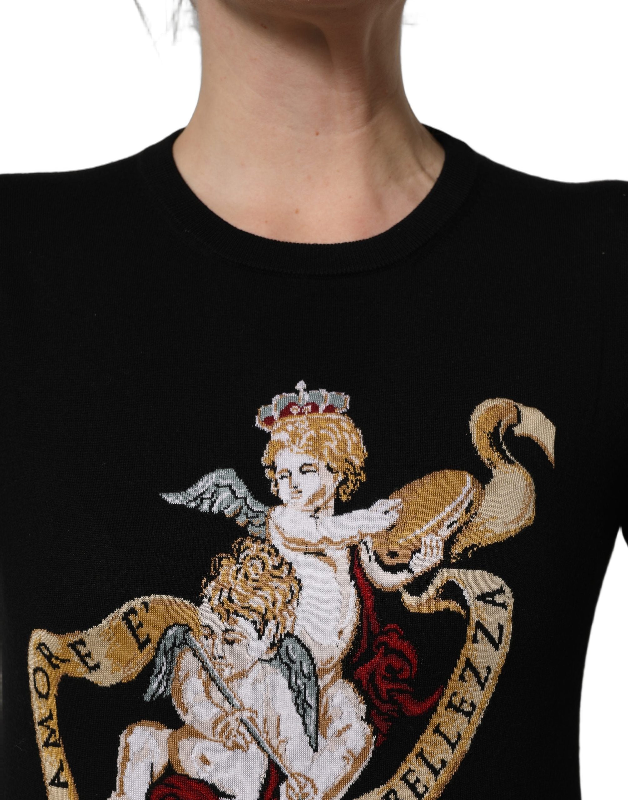Dolce & Gabbana Black Angels Wool Crew Neck Pullover Women's Sweater