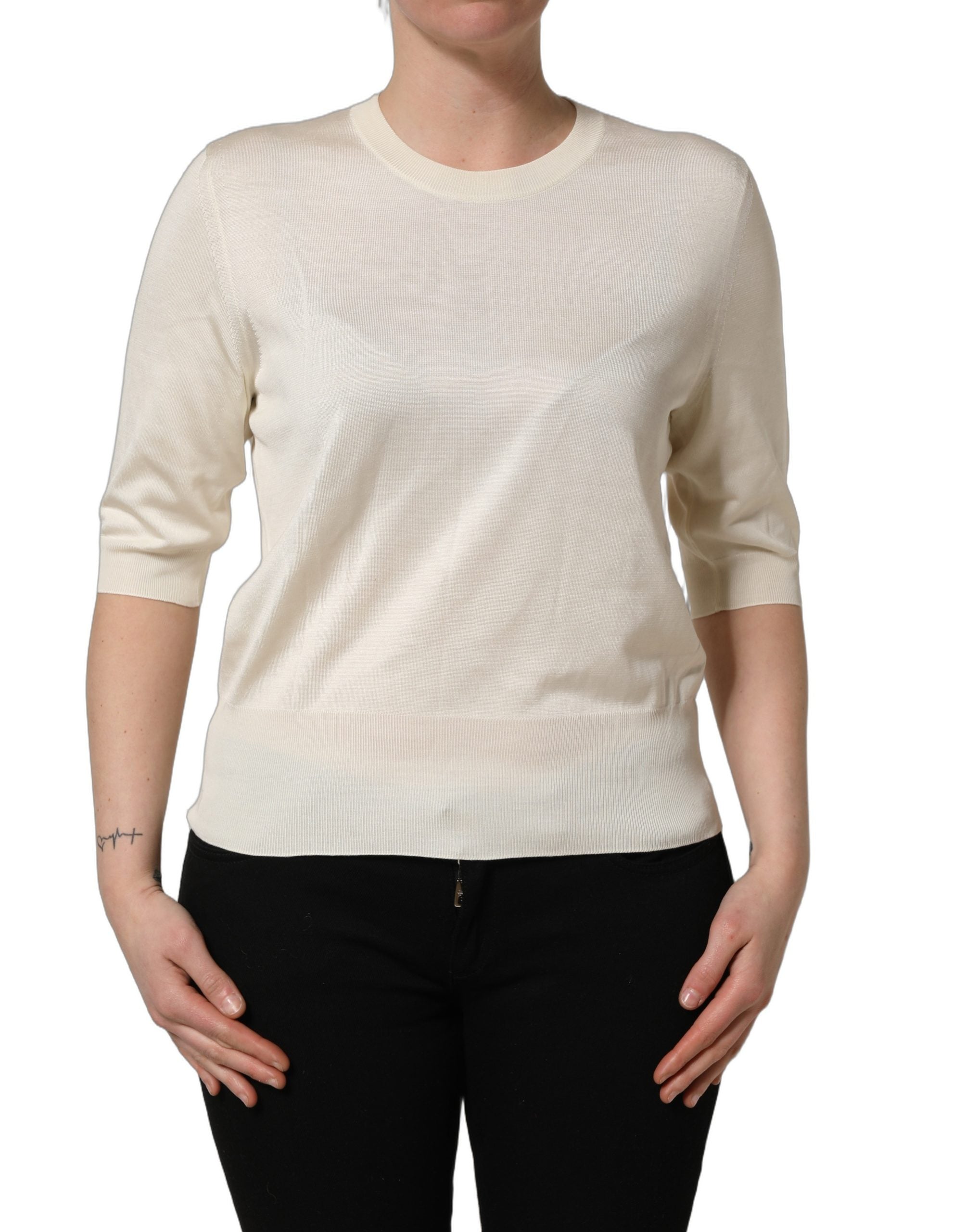 Dolce & Gabbana Off White 3/4 Sleeves Crewneck Pullover Women's Sweater