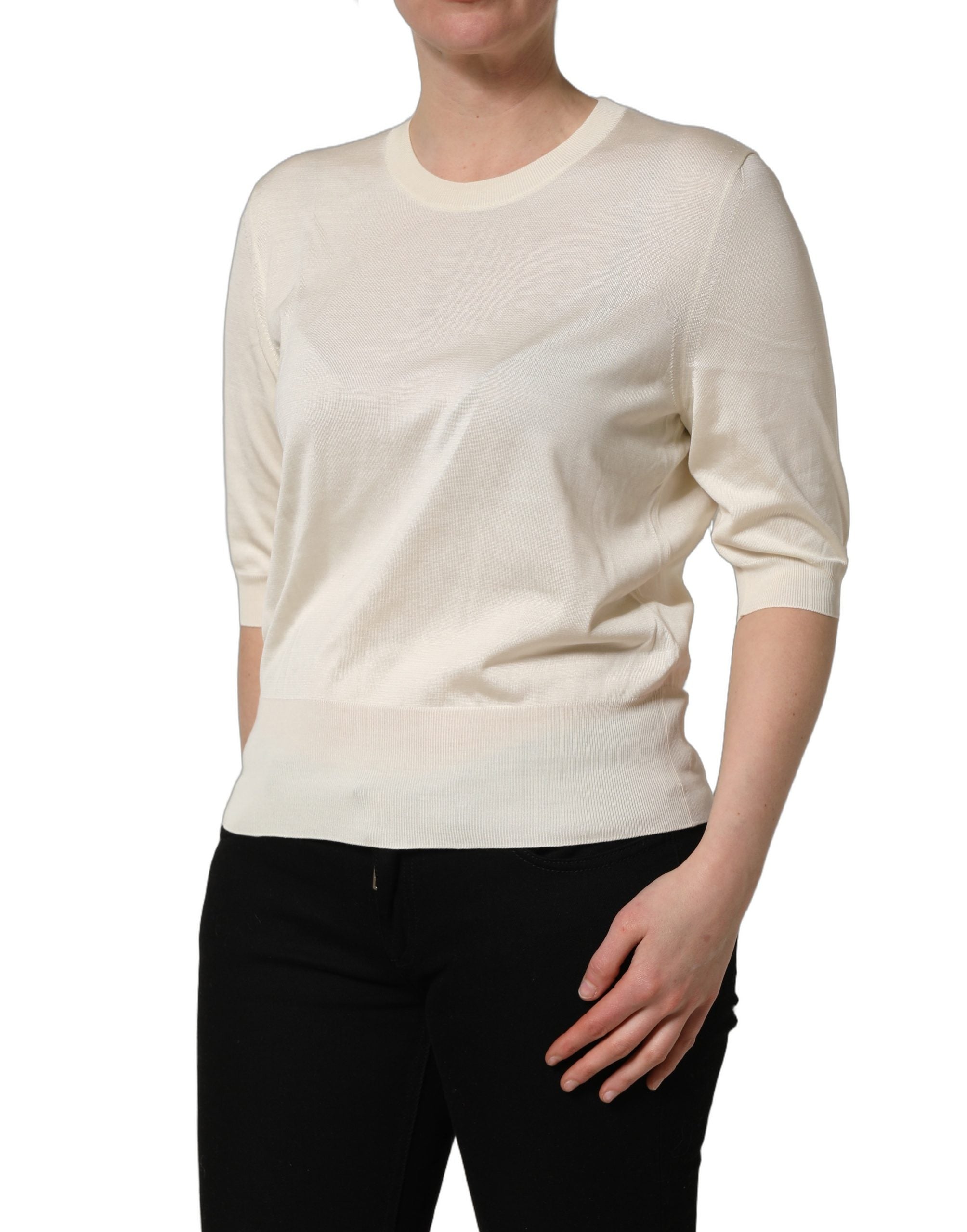 Dolce & Gabbana Off White 3/4 Sleeves Crewneck Pullover Women's Sweater