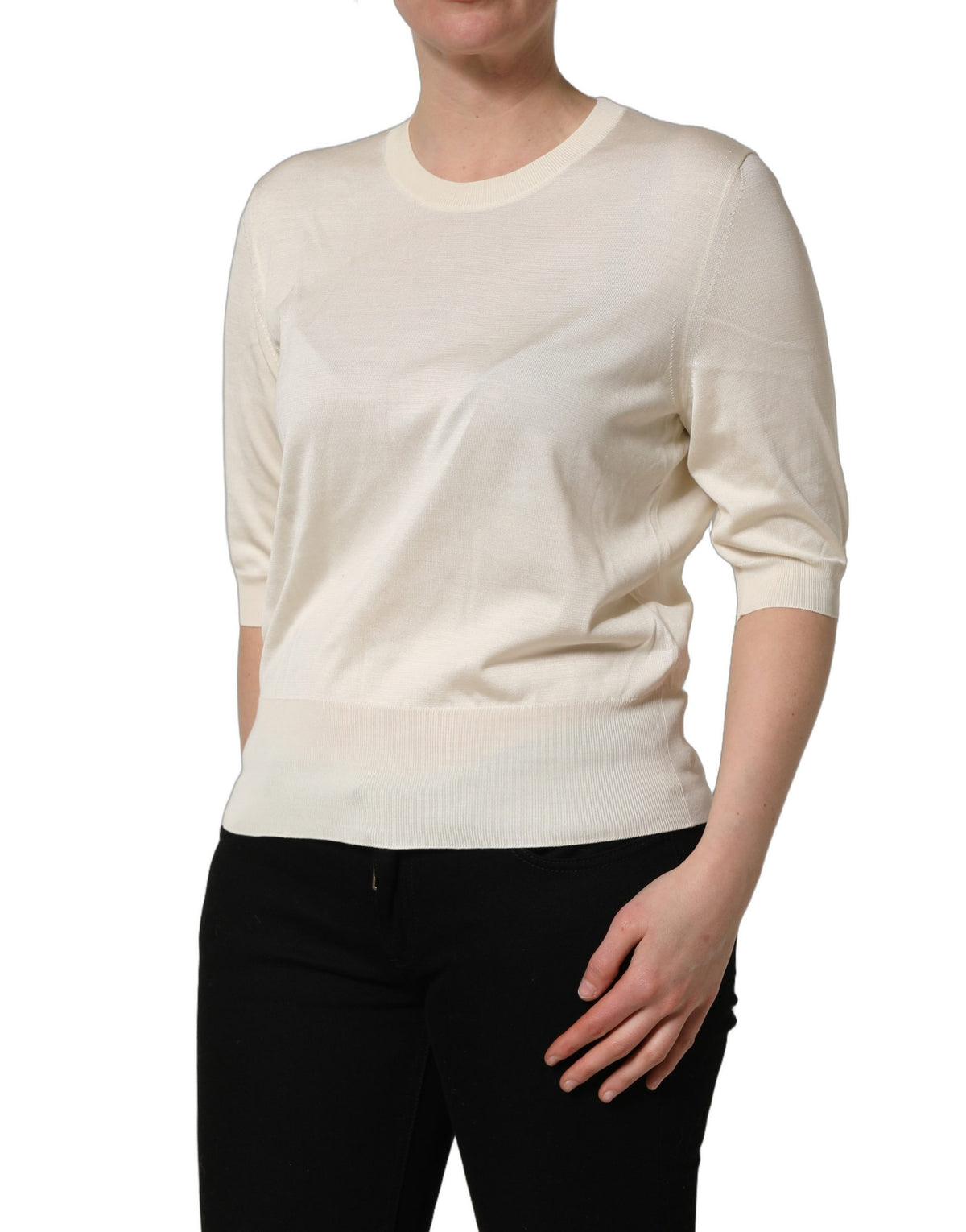 Dolce & Gabbana Off White 3/4 Sleeves Crewneck Pullover Women's Sweater