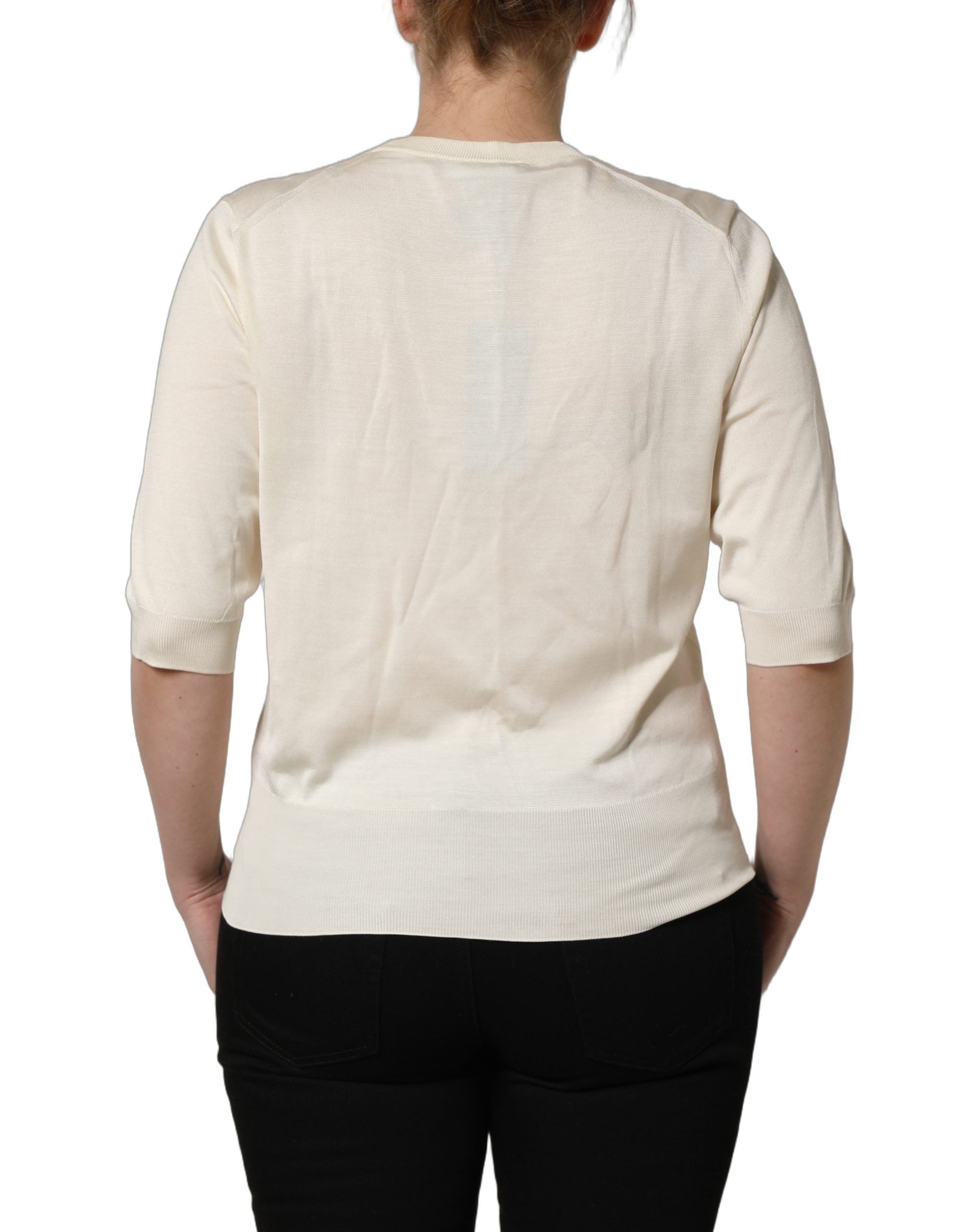 Dolce & Gabbana Off White 3/4 Sleeves Crewneck Pullover Women's Sweater