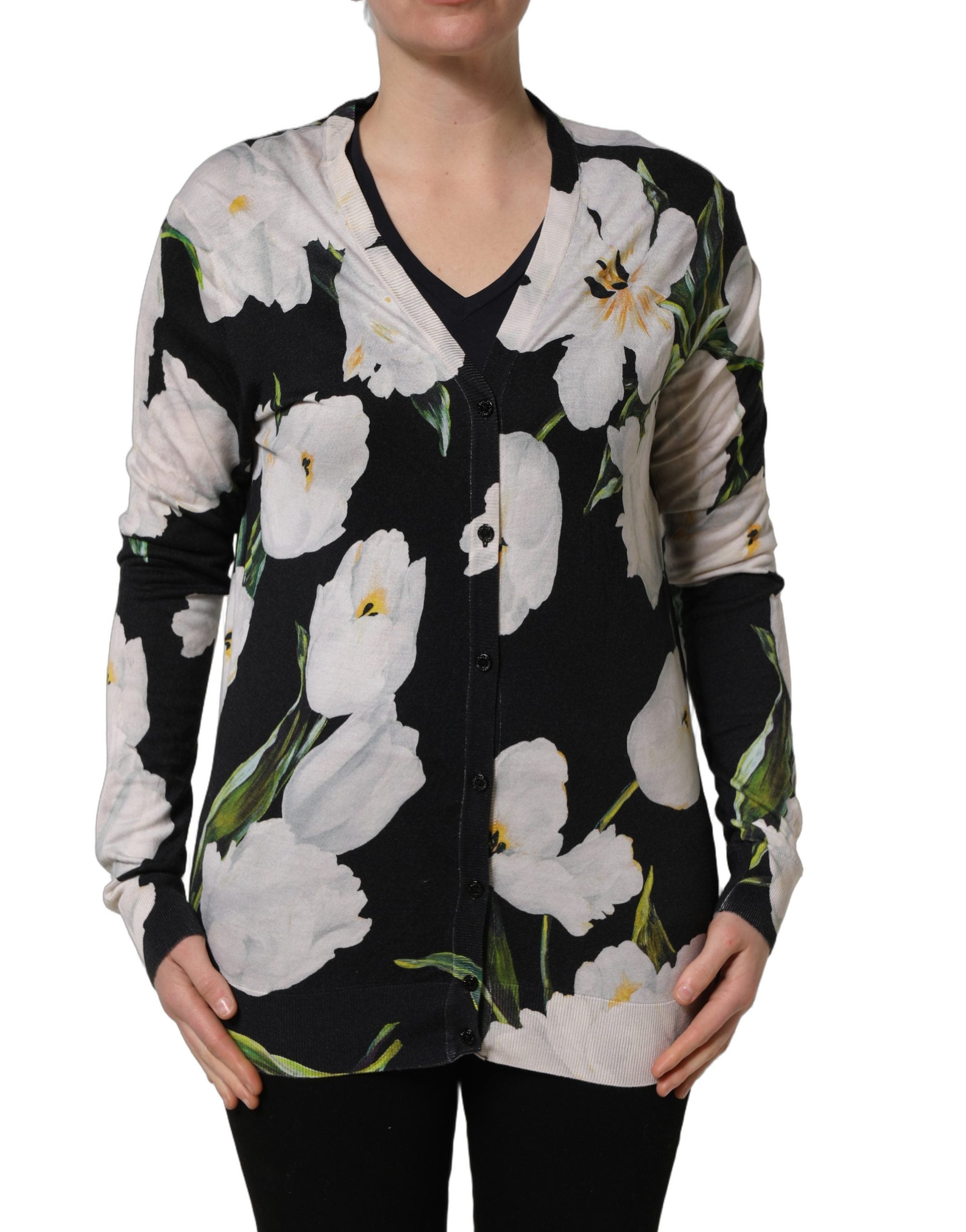 Dolce & Gabbana Black Floral Cashmere Silk Cardigan Women's Sweater (Pre-Owned)