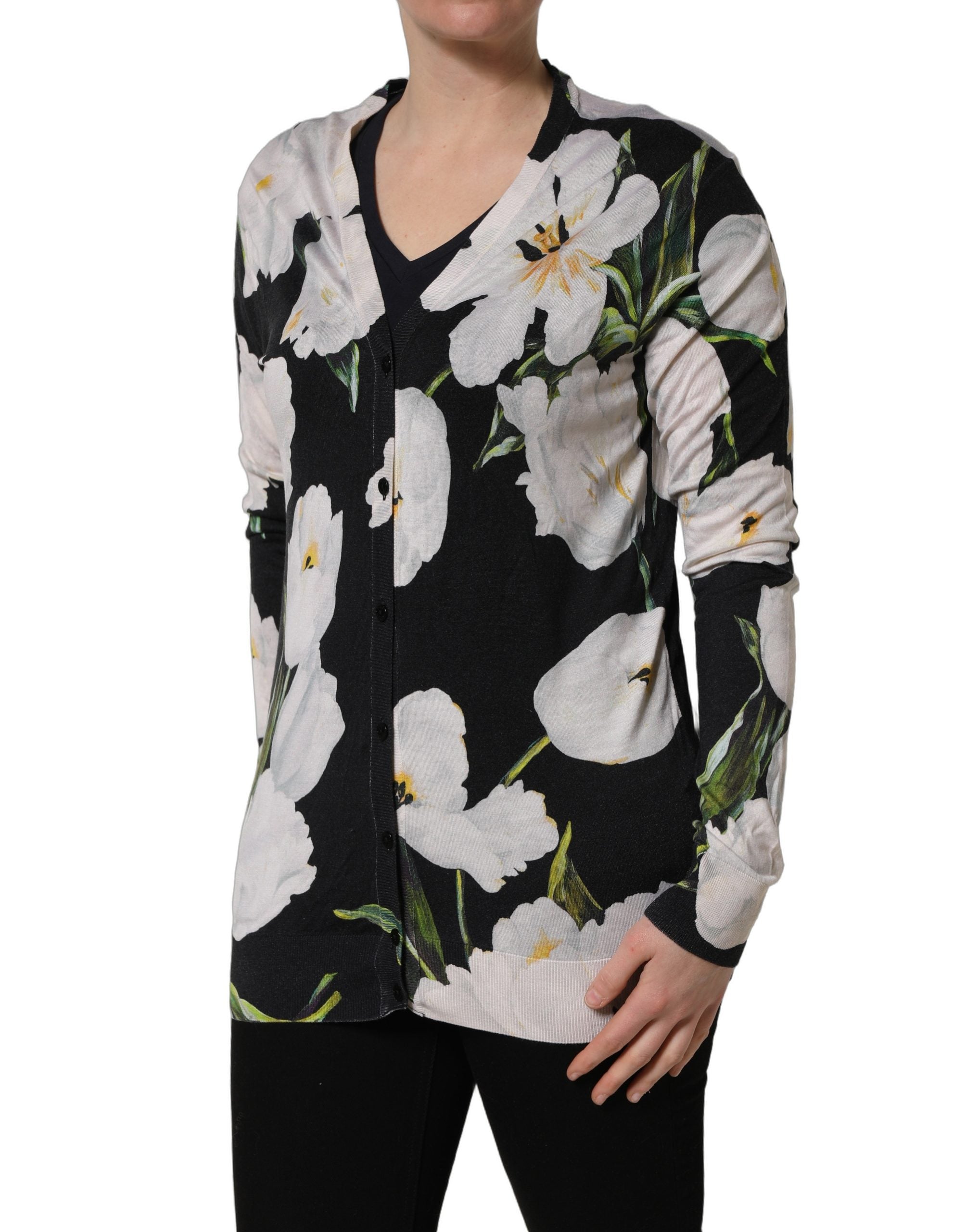 Dolce & Gabbana Black Floral Cashmere Silk Cardigan Women's Sweater (Pre-Owned)