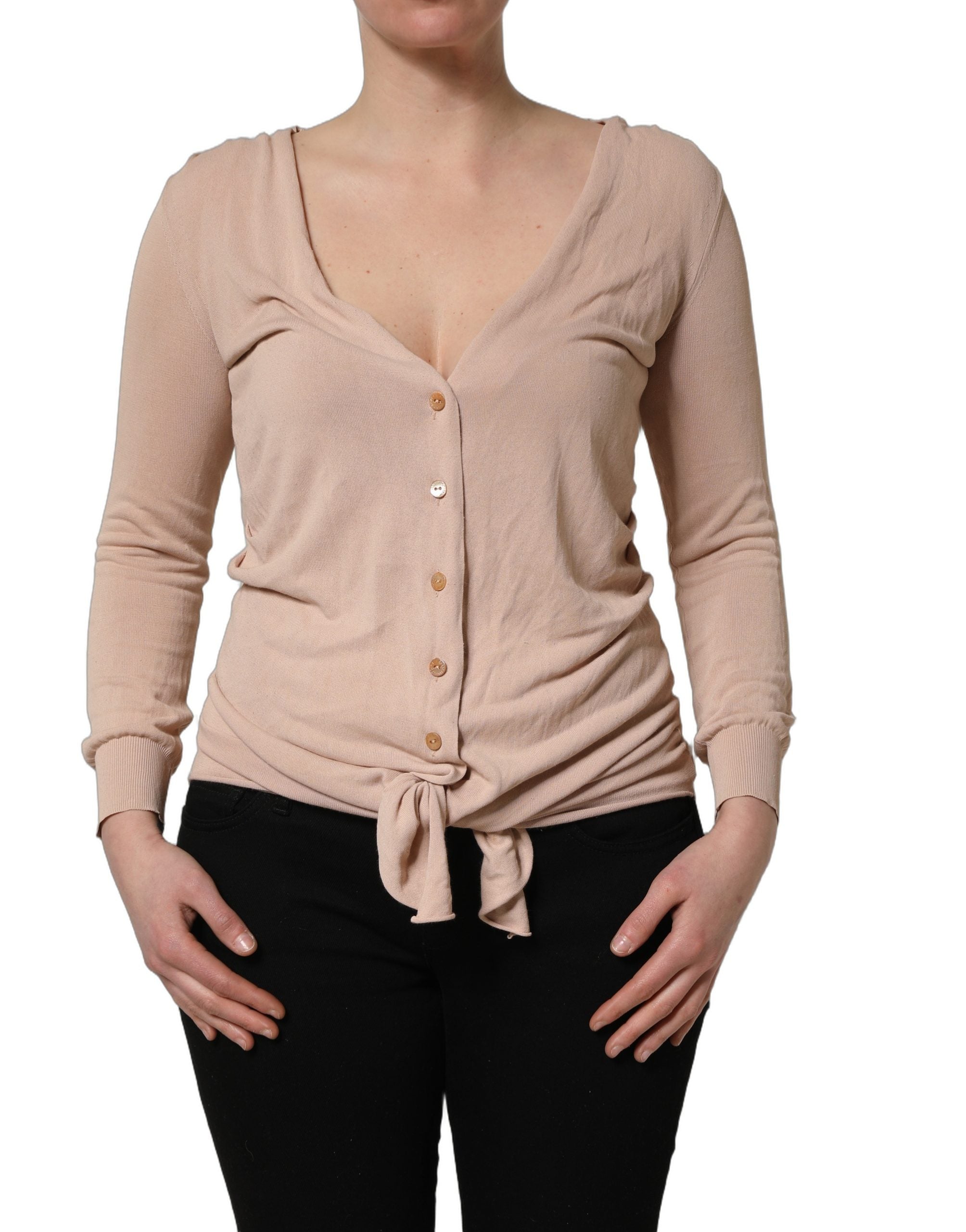 Dolce & Gabbana Beige Ribbed V-neck Front Tie Cardigan Women's Sweater (Pre-Owned)