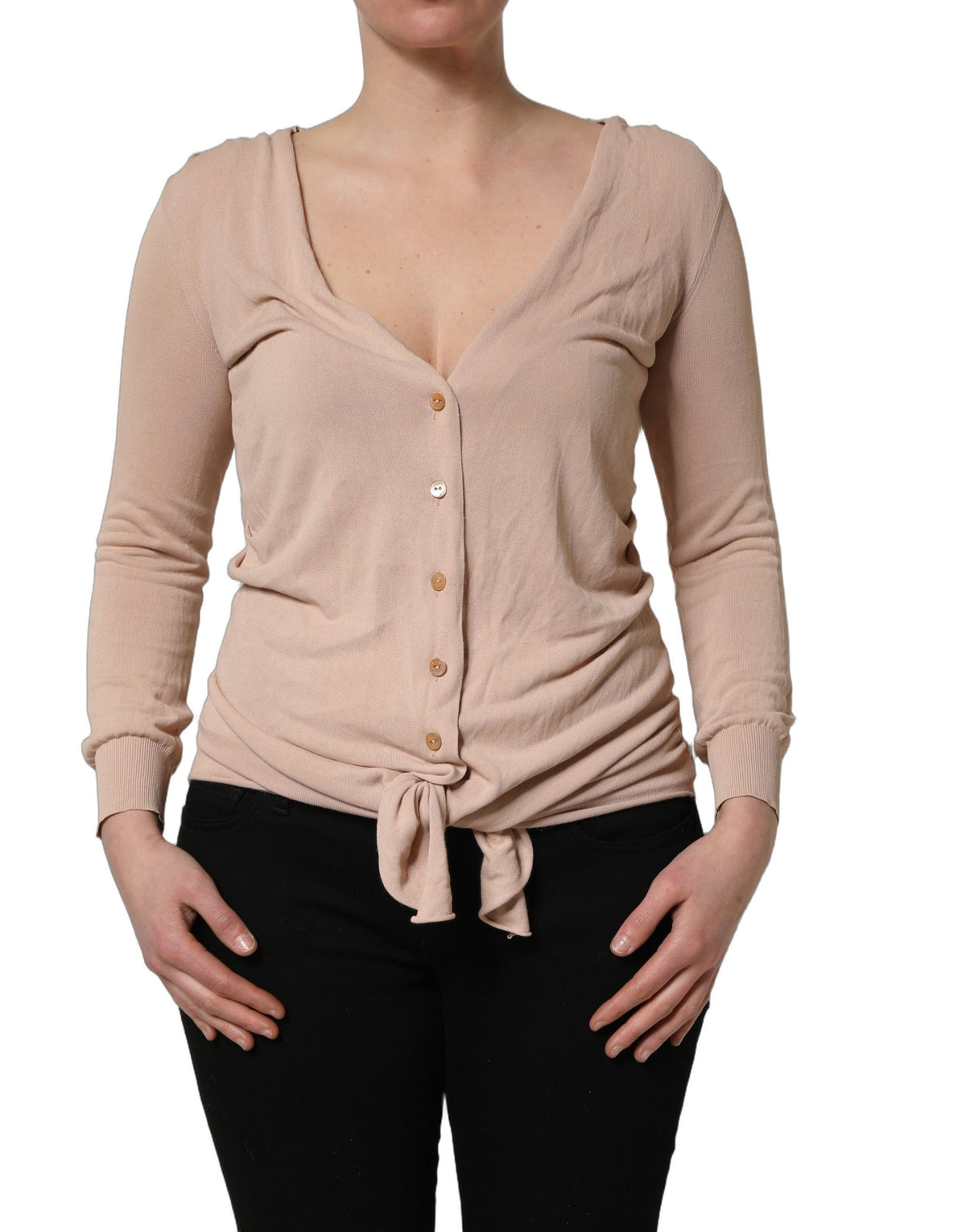 Dolce & Gabbana Beige Ribbed V-neck Front Tie Cardigan Women's Sweater (Pre-Owned)