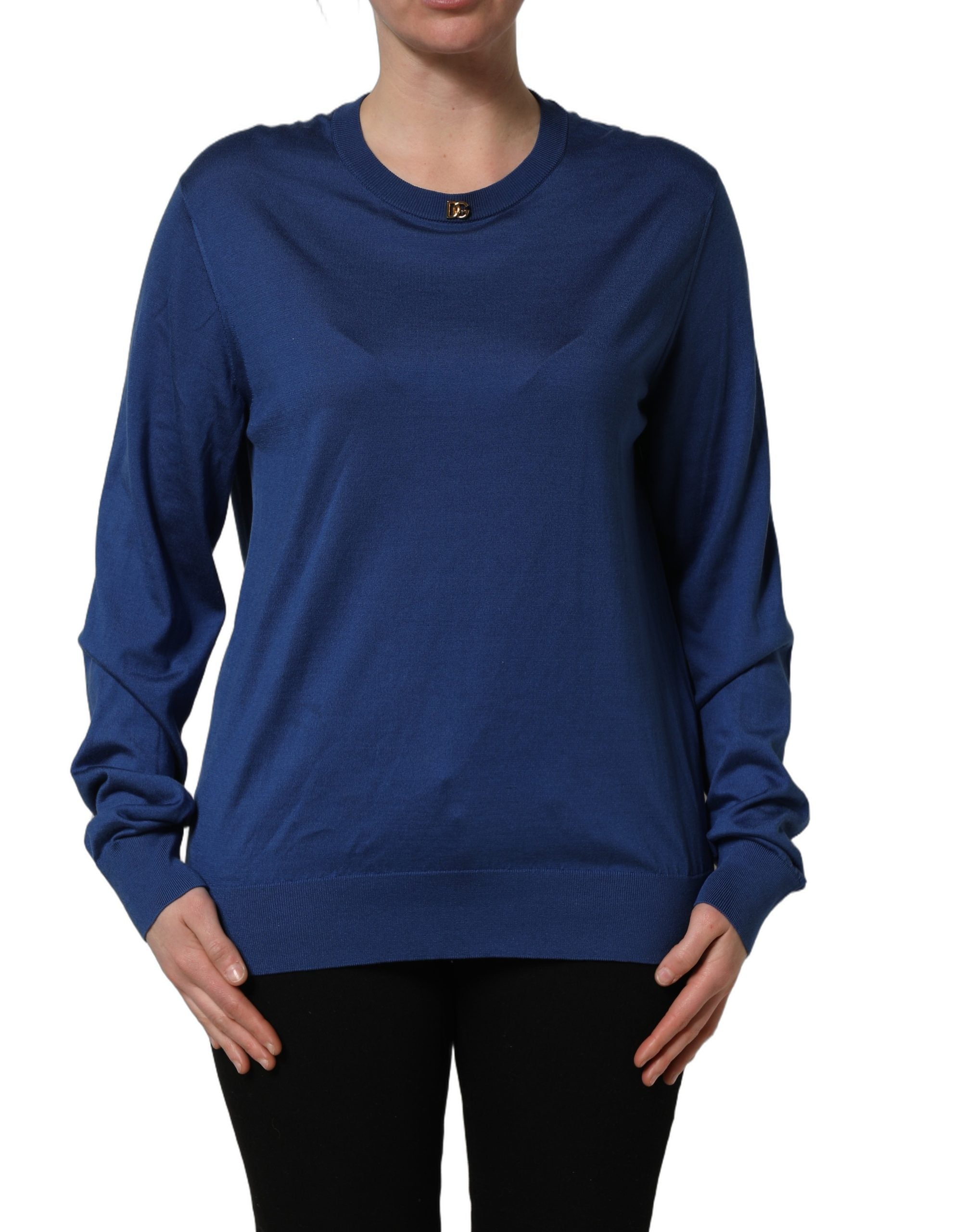 Dolce & Gabbana Blue Silk DG Logo Crew Neck Pullover Women's Sweater (Pre-Owned)