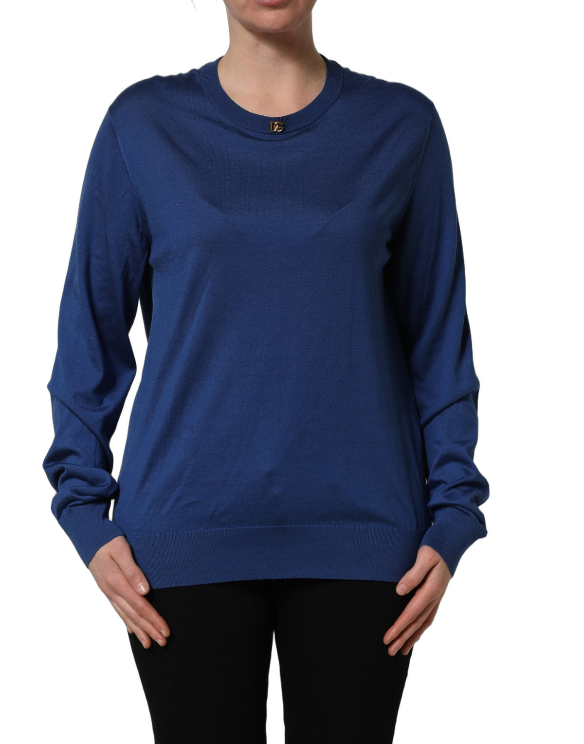 Dolce & Gabbana Blue Silk DG Logo Crew Neck Pullover Women's Sweater (Pre-Owned)