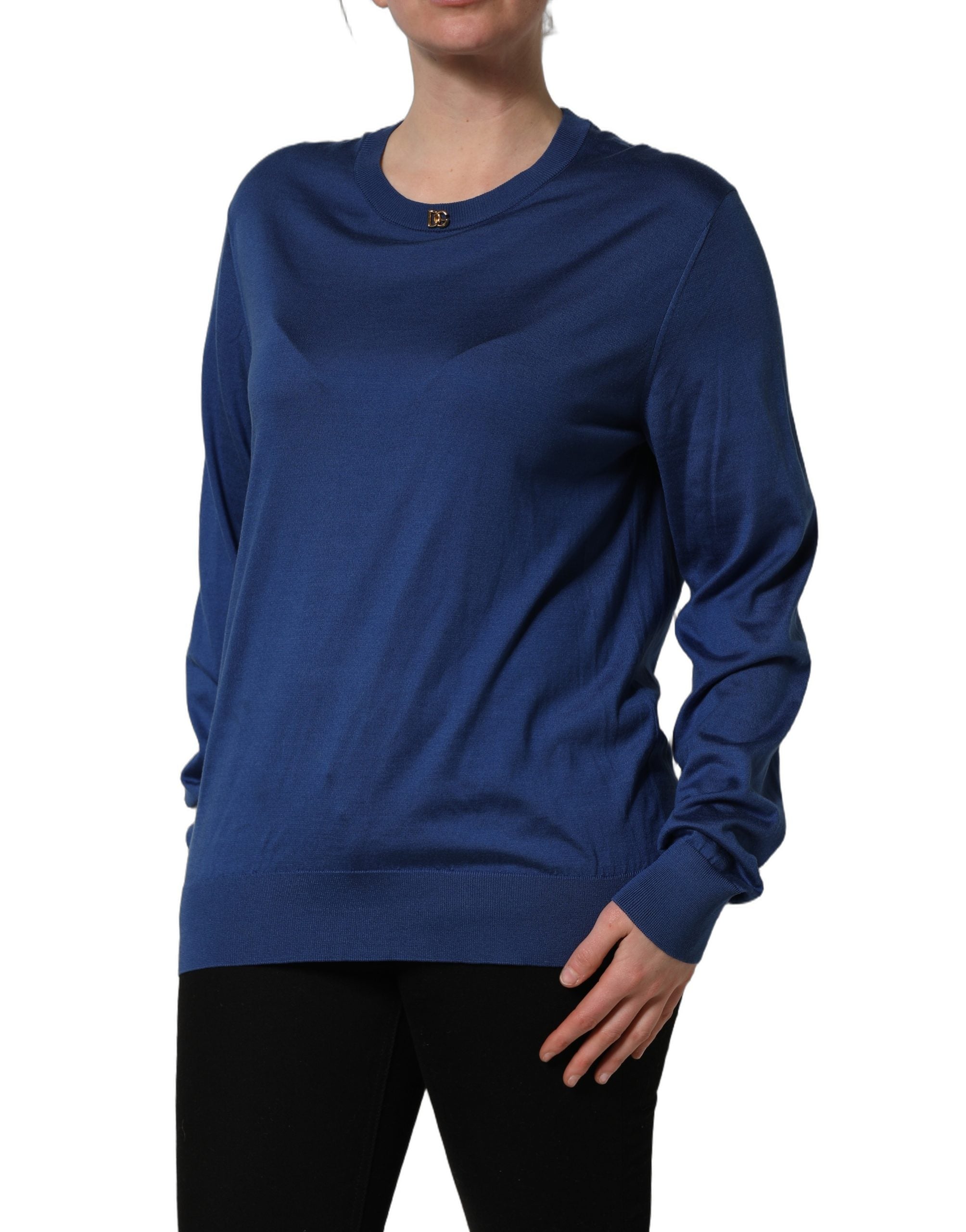 Dolce & Gabbana Blue Silk DG Logo Crew Neck Pullover Women's Sweater (Pre-Owned)