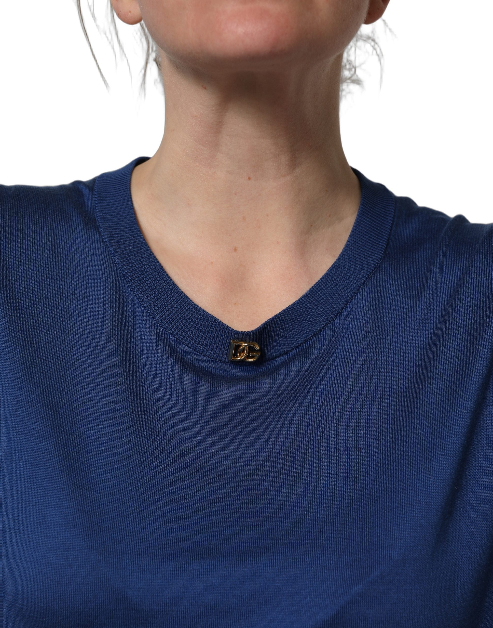 Dolce & Gabbana Blue Silk DG Logo Crew Neck Pullover Women's Sweater (Pre-Owned)