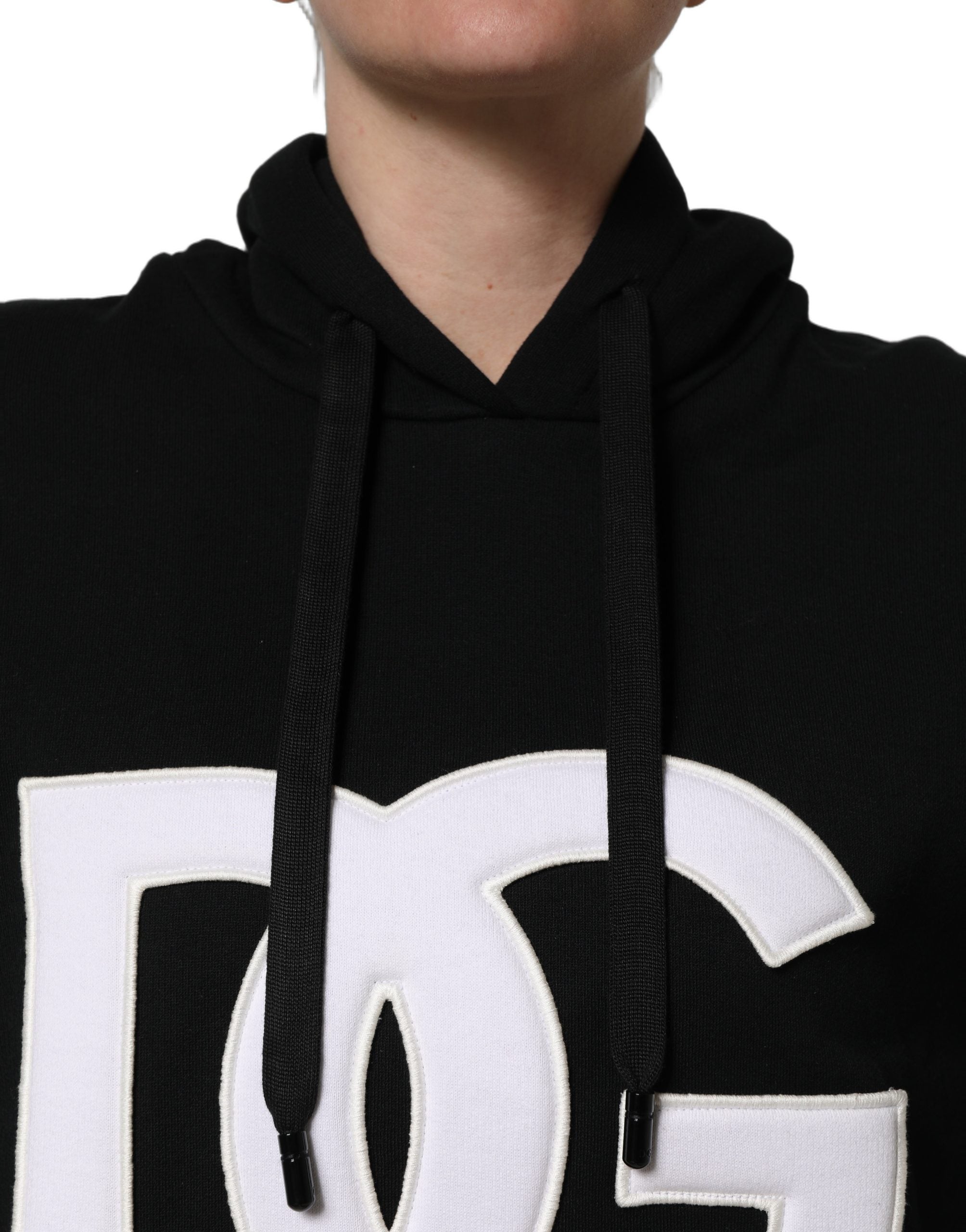 Dolce & Gabbana BlackWhite Appliqué Hooded Sweatshirt Women's Sweater
