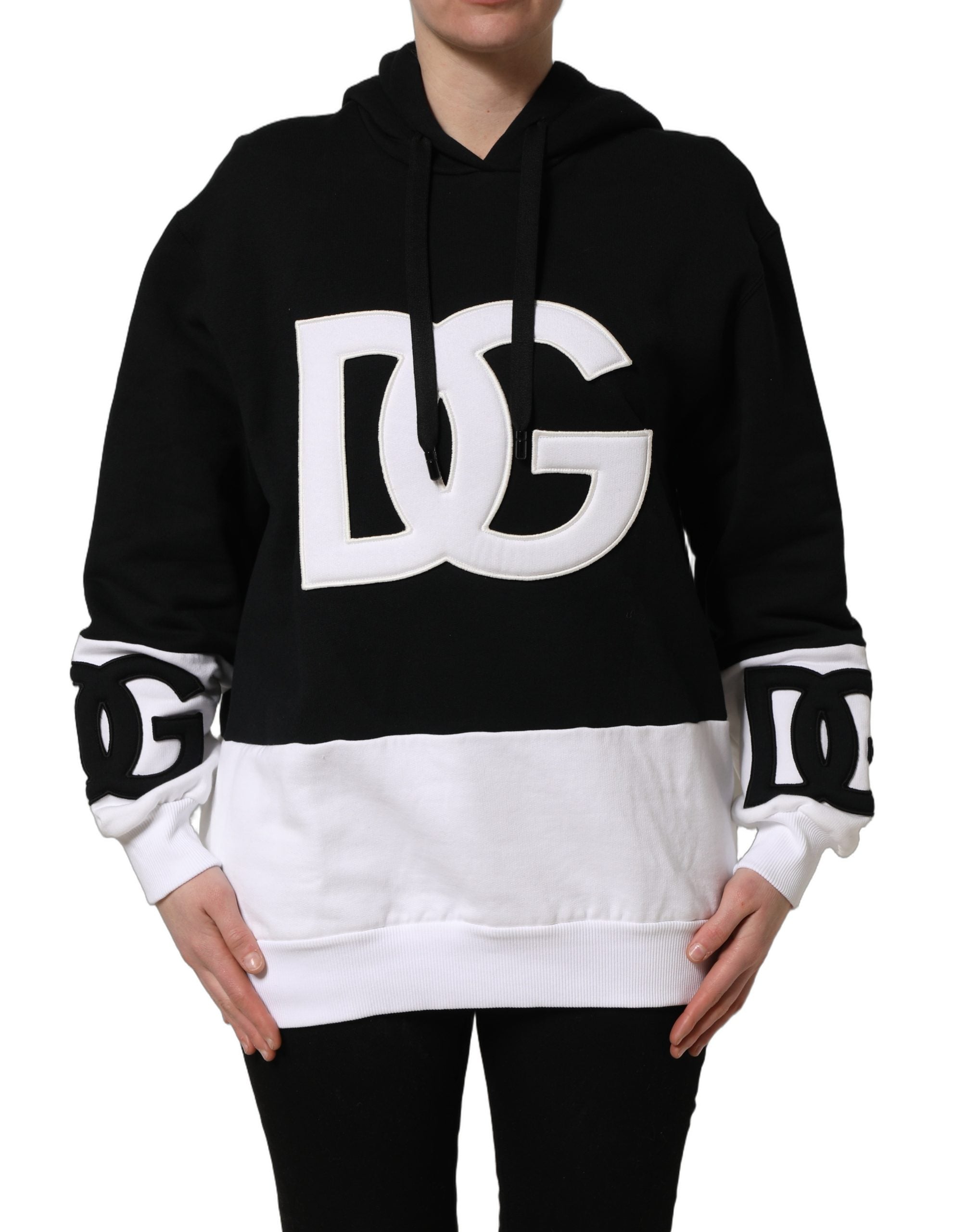 Dolce & Gabbana BlackWhite Appliqué Hooded Sweatshirt Women's Sweater