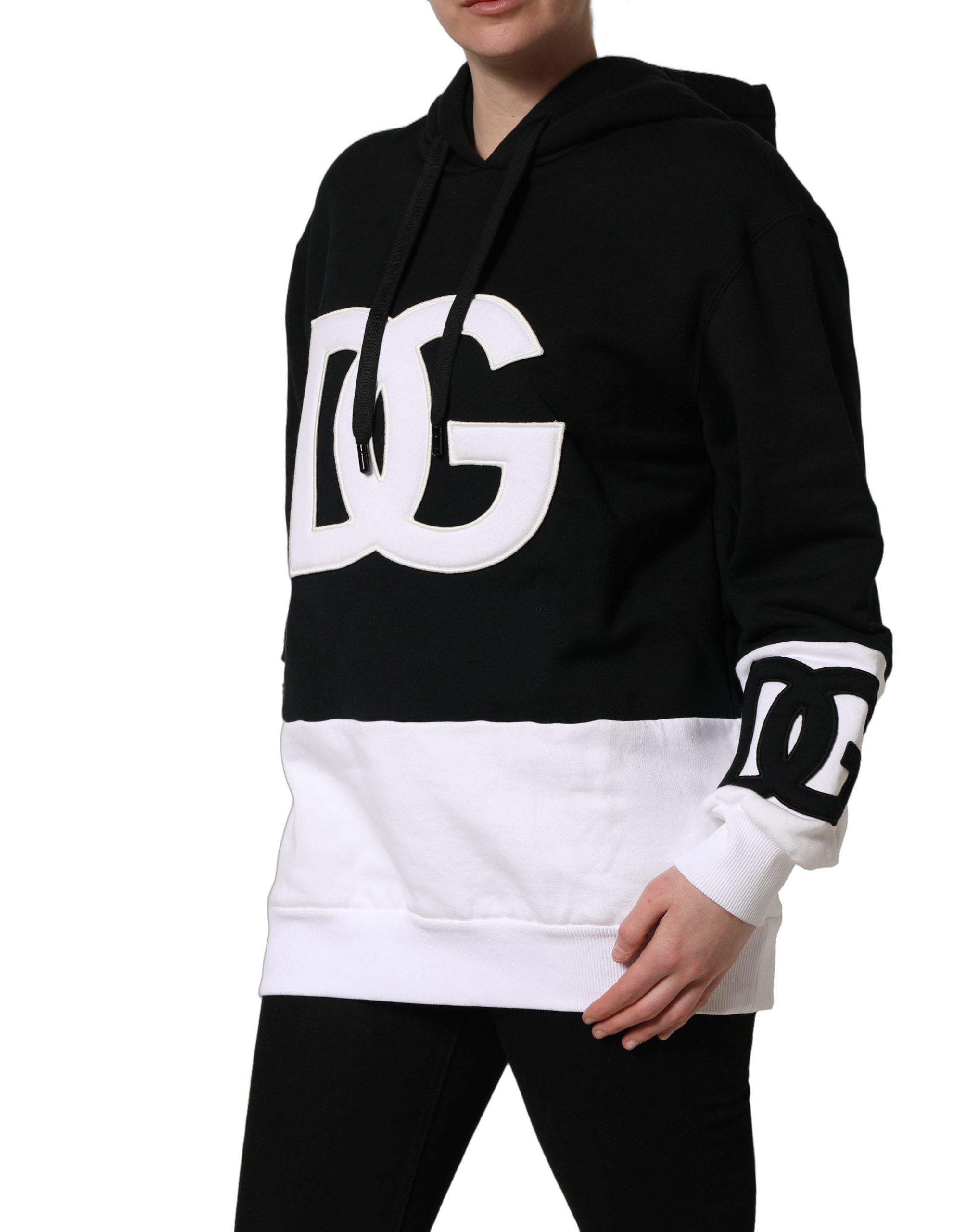 Dolce & Gabbana BlackWhite Appliqué Hooded Sweatshirt Women's Sweater