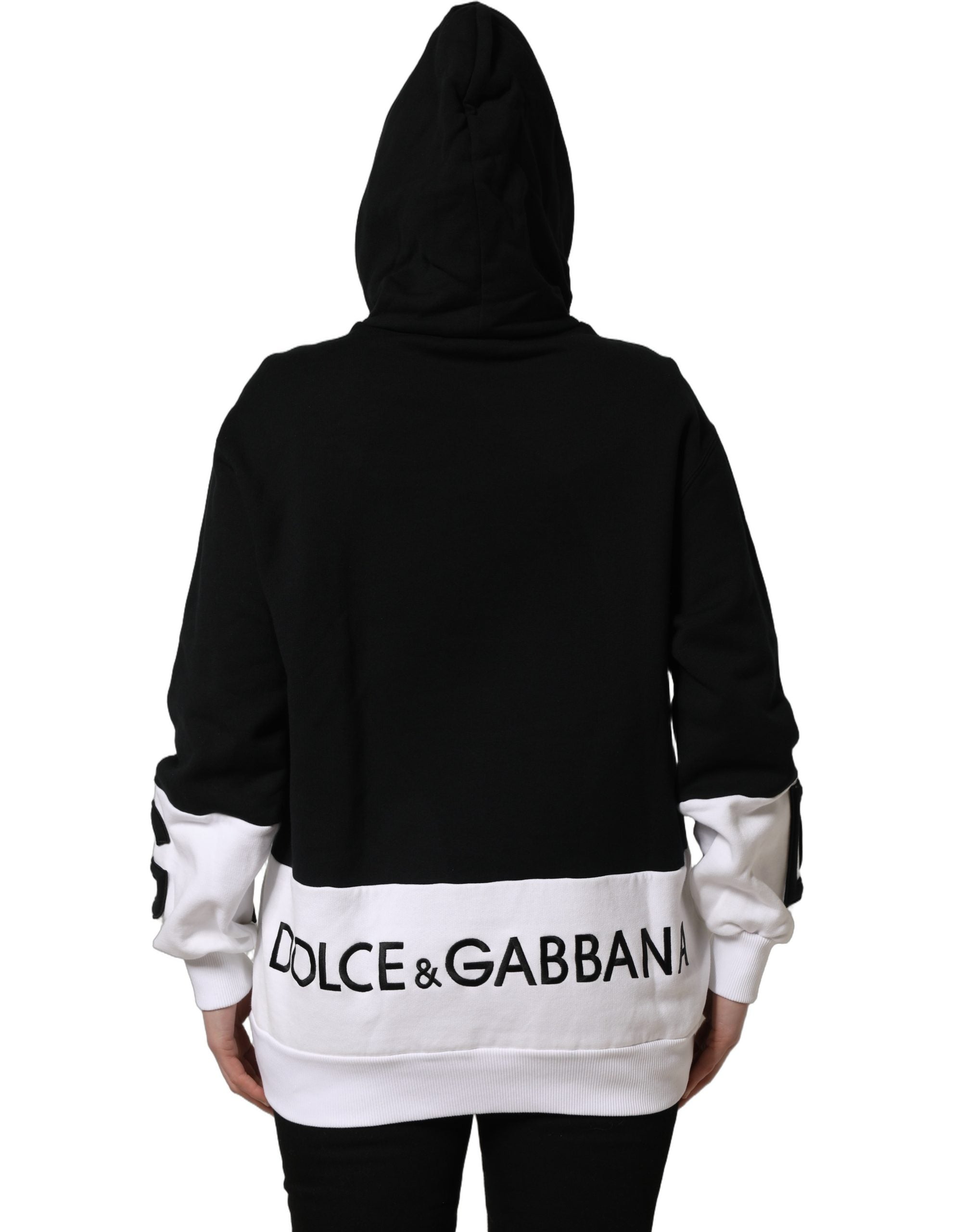 Dolce & Gabbana BlackWhite Appliqué Hooded Sweatshirt Women's Sweater