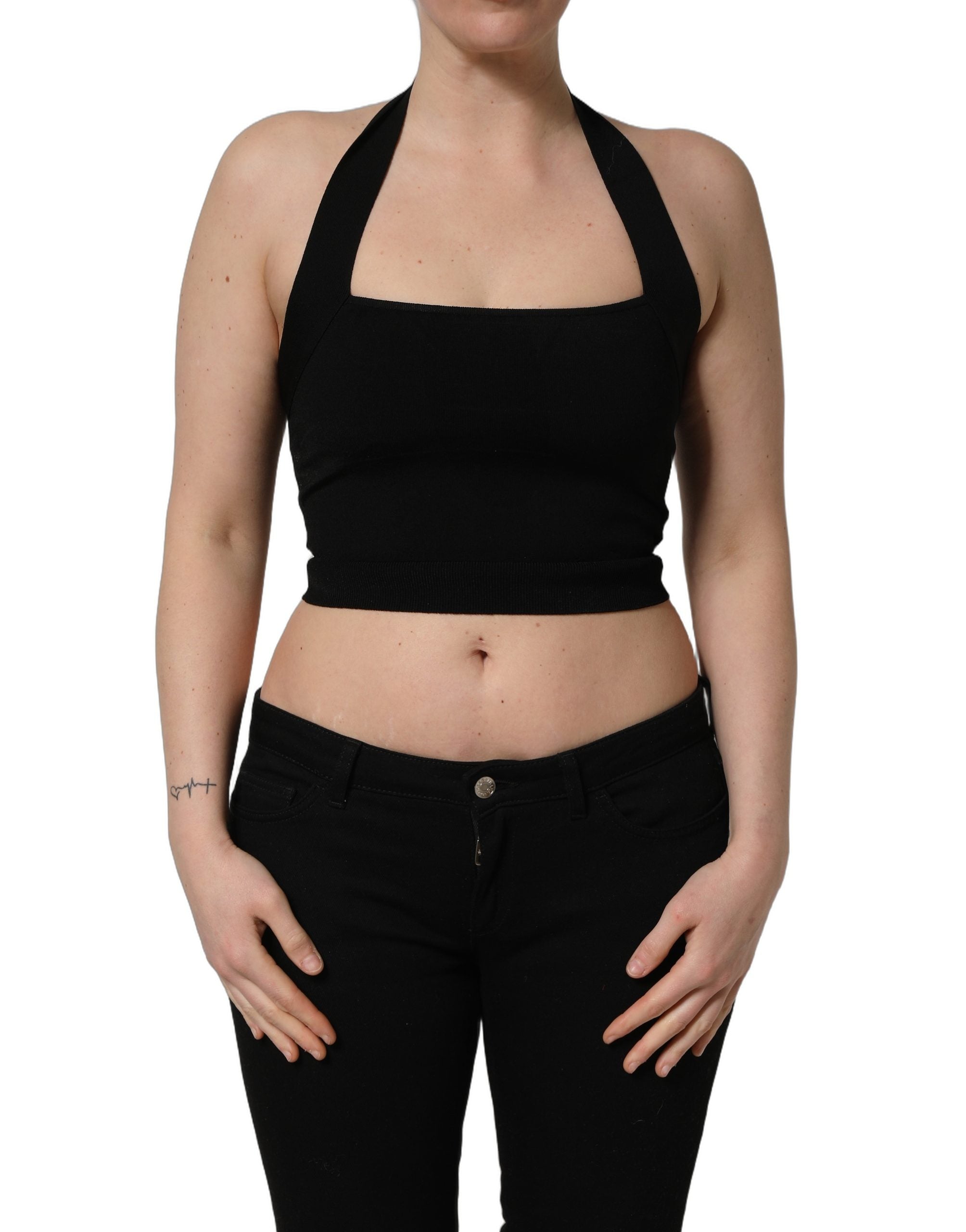 Dolce & Gabbana Black Square Neck Halter Cropped Tank Women's Top