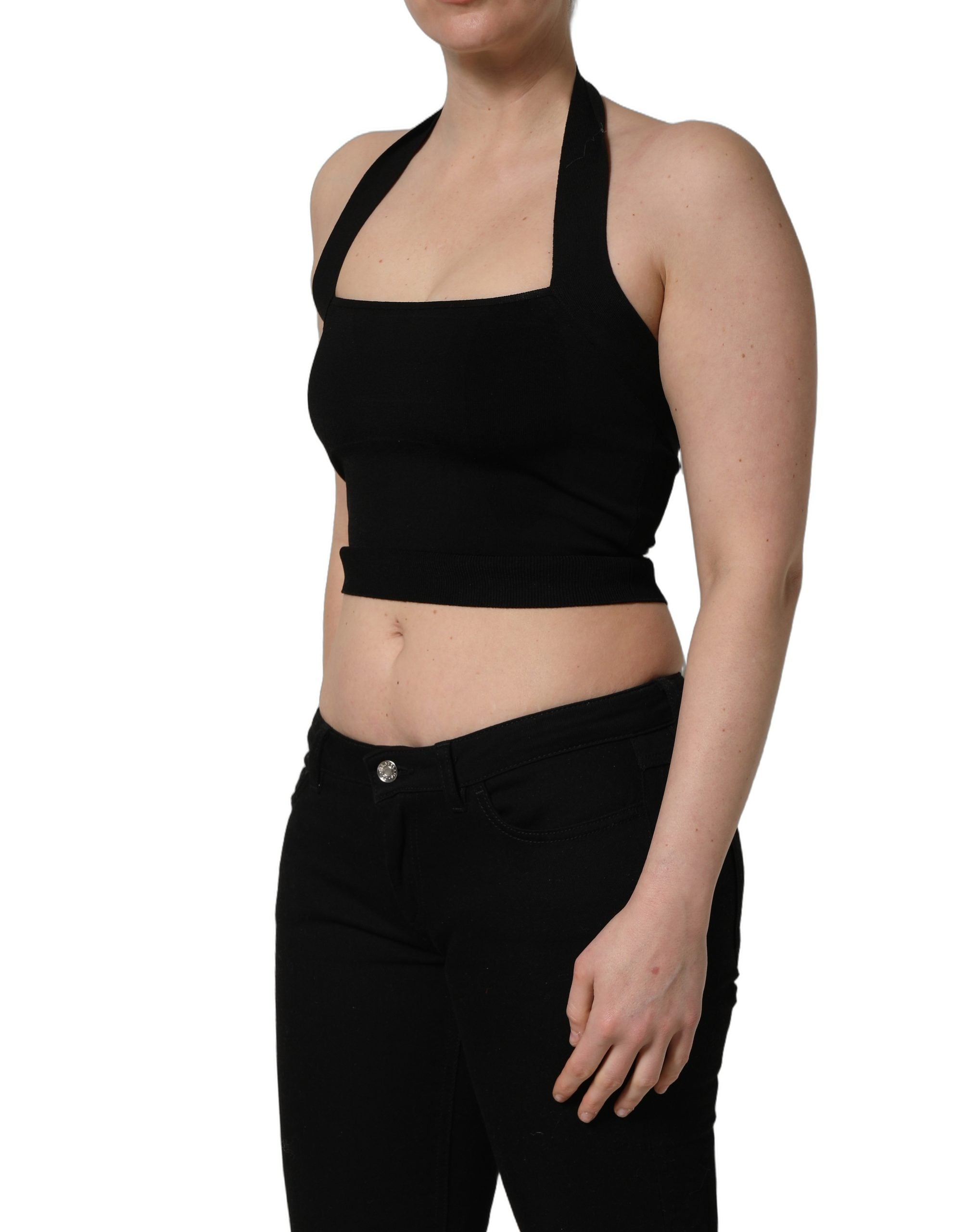 Dolce & Gabbana Black Square Neck Halter Cropped Tank Women's Top