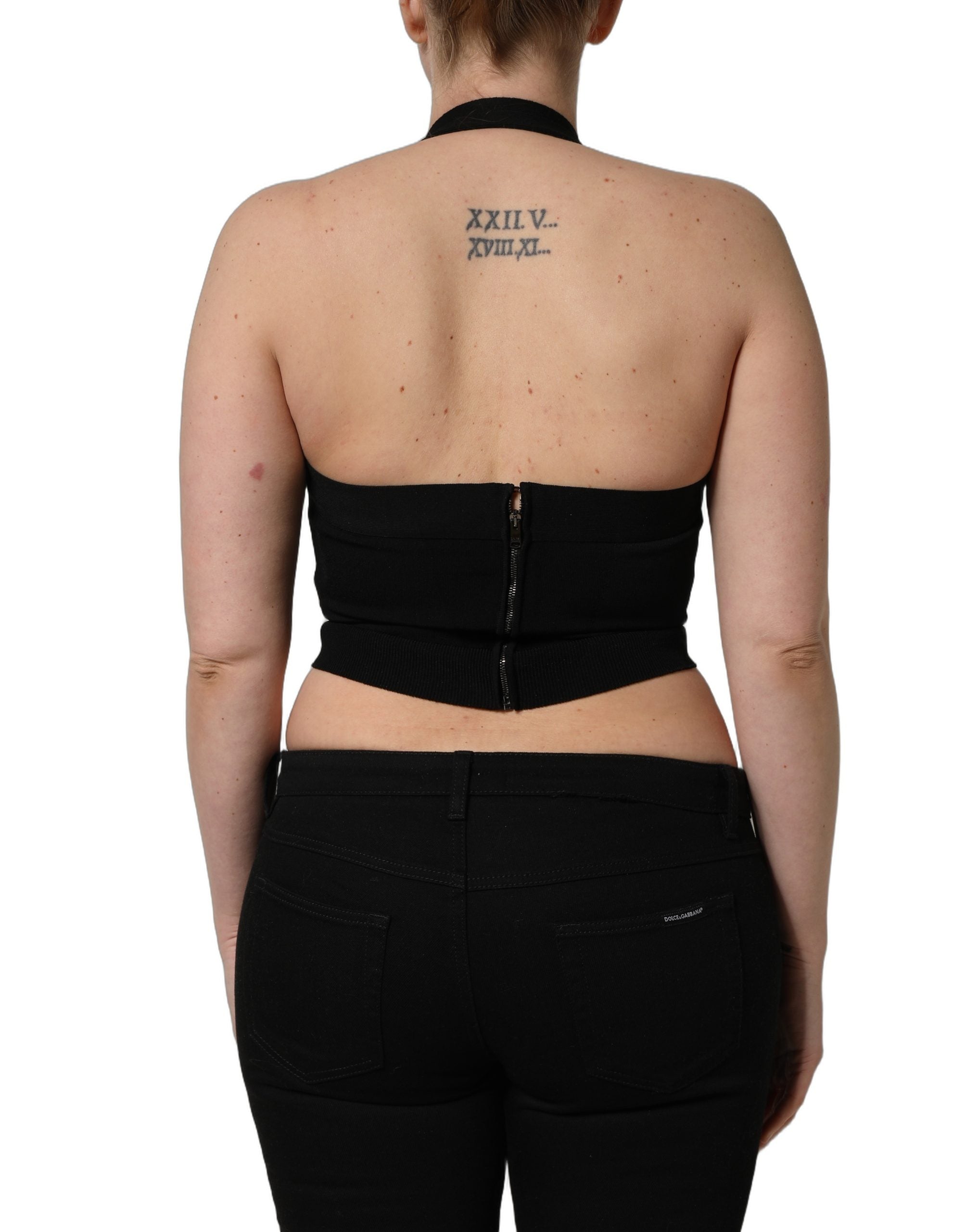 Dolce & Gabbana Black Square Neck Halter Cropped Tank Women's Top