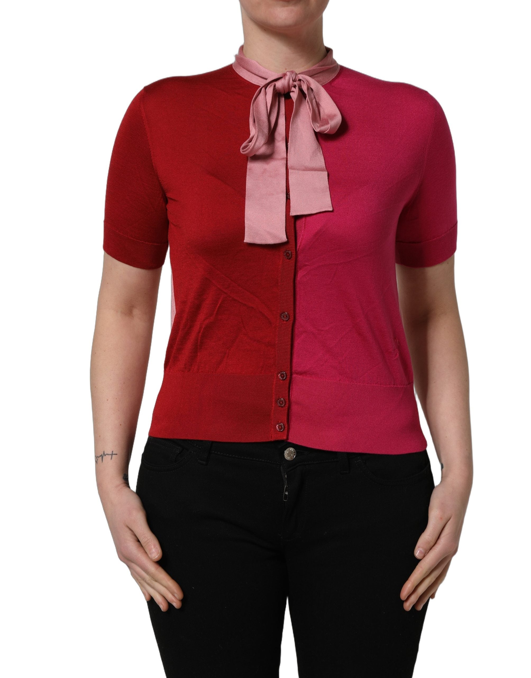 Dolce & Gabbana Pink Short Sleeves Buttoned Ascot Collar Women's Top (Pre-Owned)