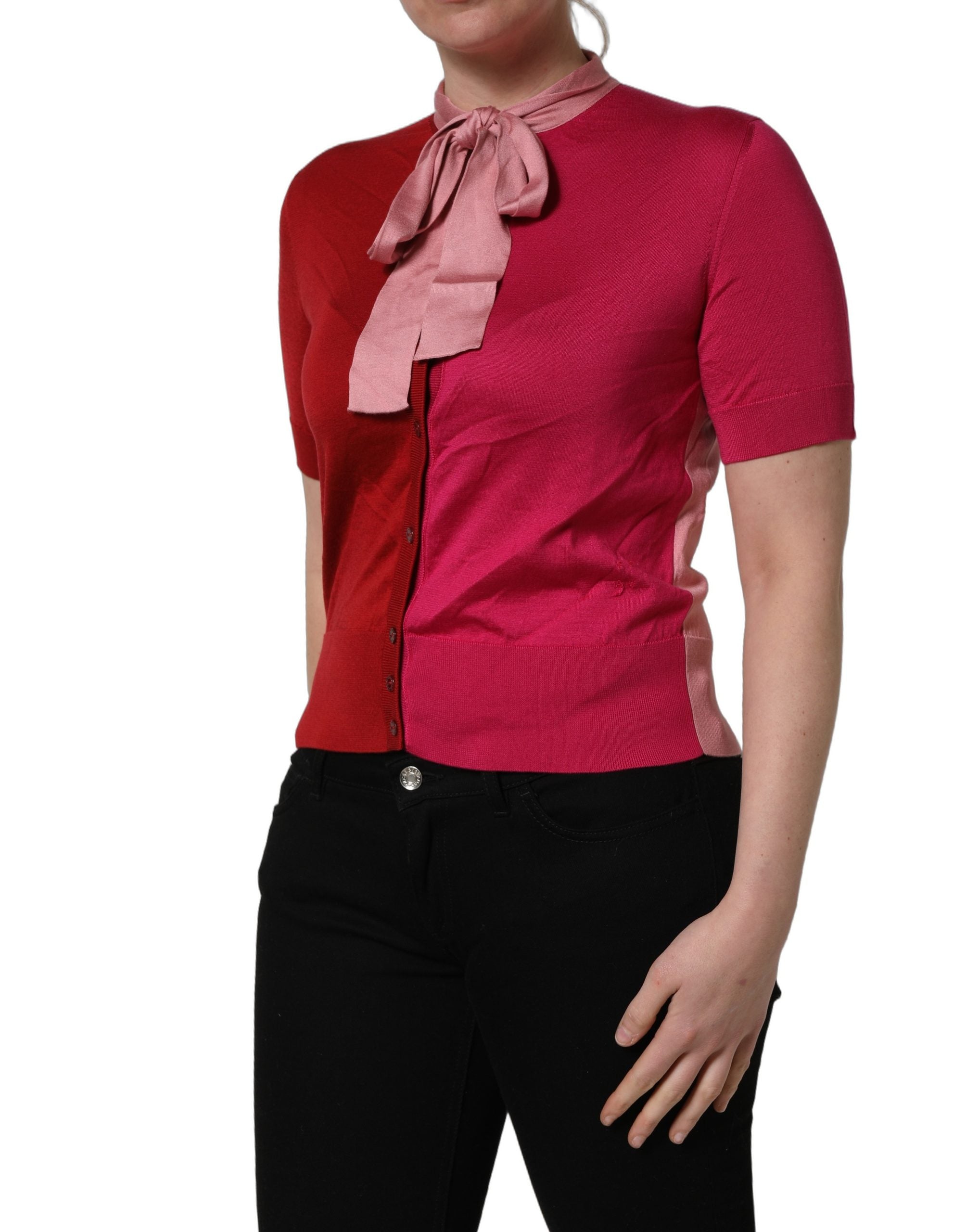 Dolce & Gabbana Pink Short Sleeves Buttoned Ascot Collar Women's Top (Pre-Owned)