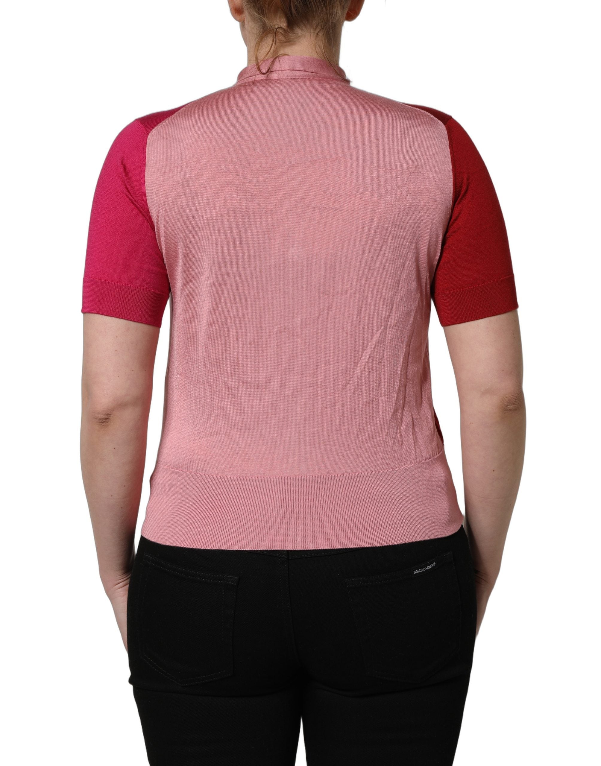 Dolce & Gabbana Pink Short Sleeves Buttoned Ascot Collar Women's Top (Pre-Owned)
