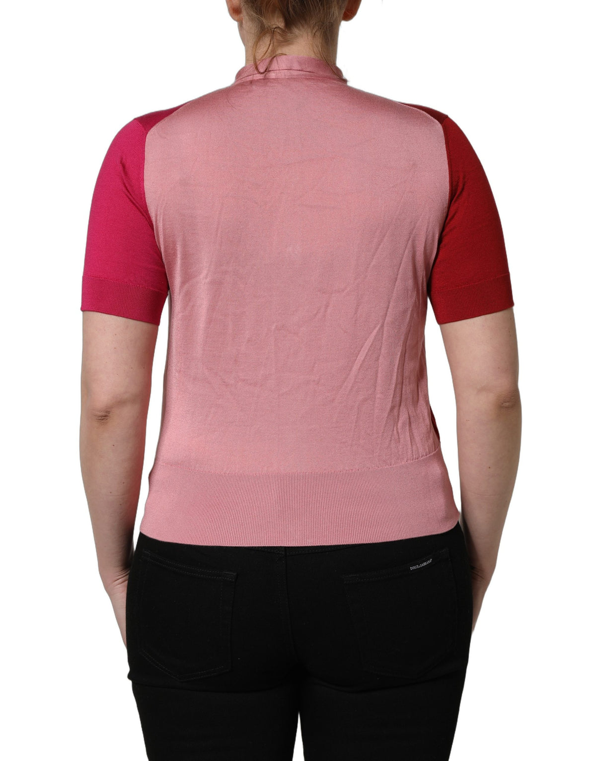 Dolce & Gabbana Pink Short Sleeves Buttoned Ascot Collar Women's Top (Pre-Owned)