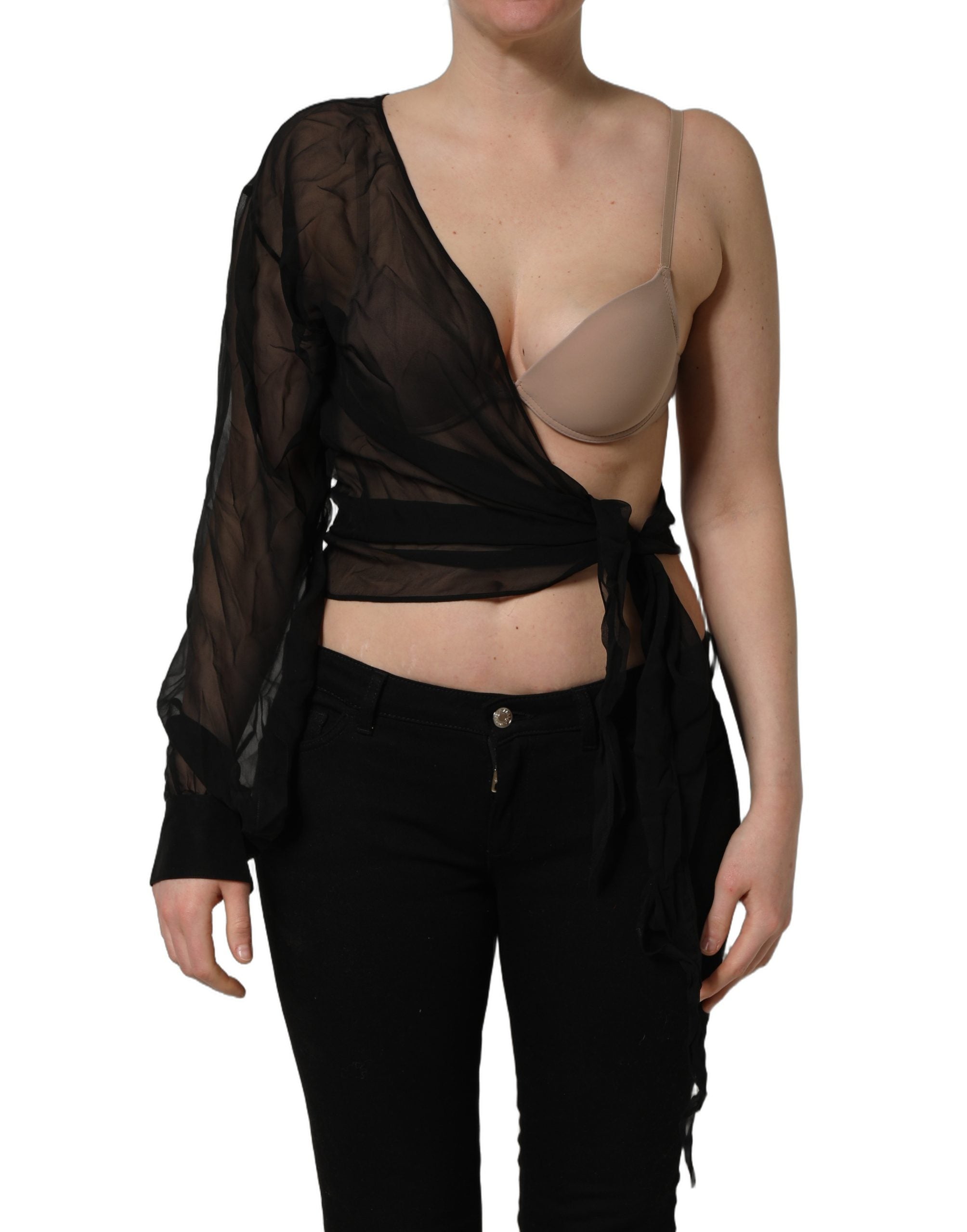 Dolce & Gabbana Black Wrap Sheer Chiffon One Shoulder Women's Top
