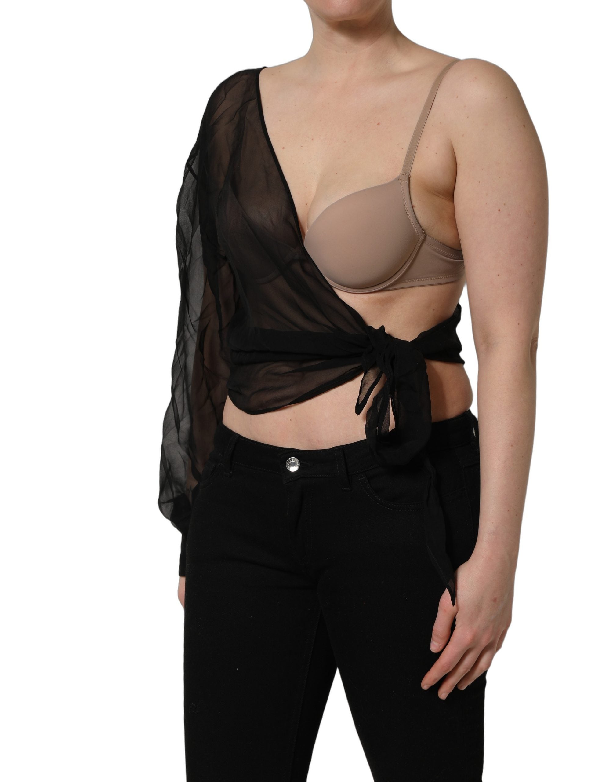 Dolce & Gabbana Black Wrap Sheer Chiffon One Shoulder Women's Top
