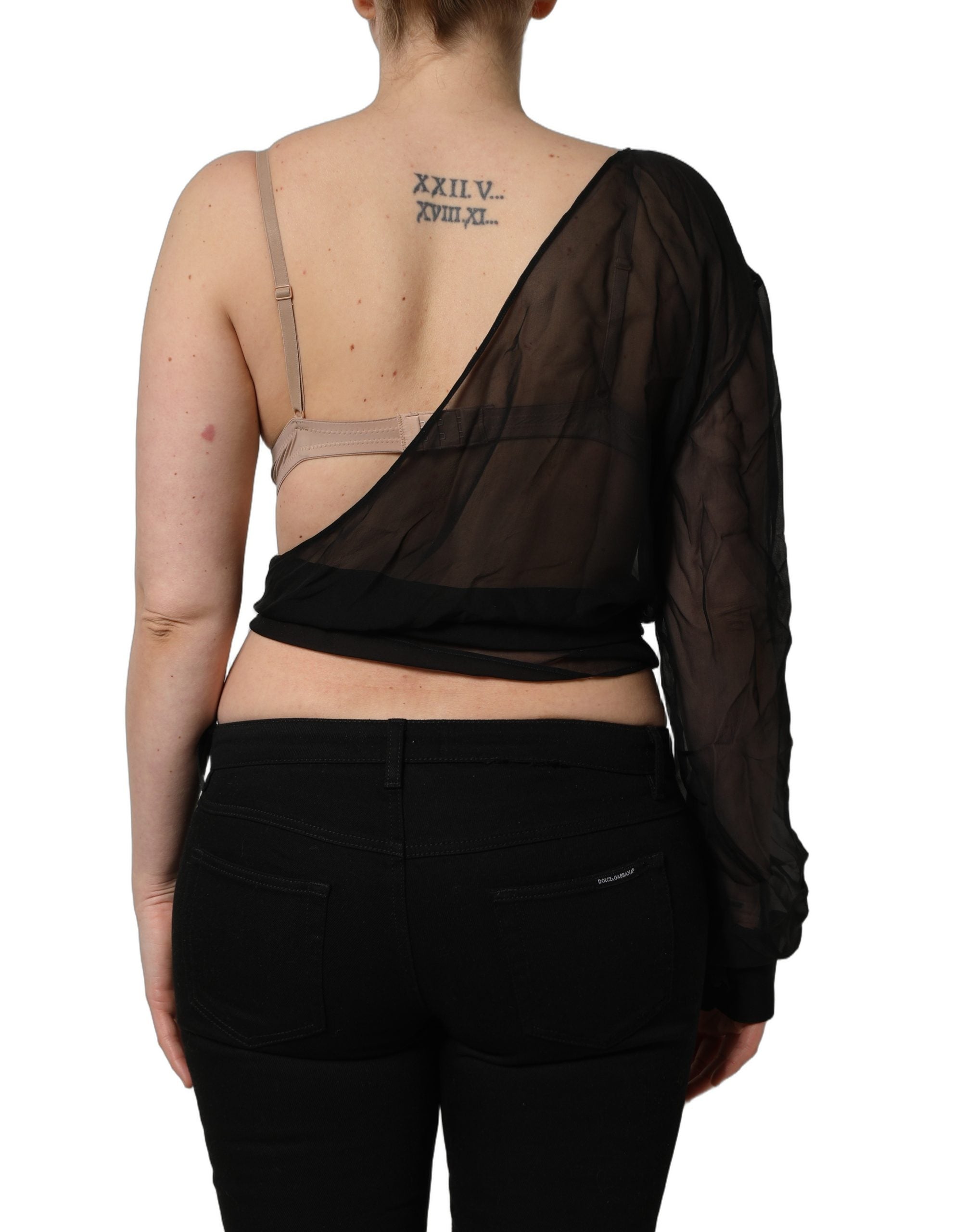 Dolce & Gabbana Black Wrap Sheer Chiffon One Shoulder Women's Top