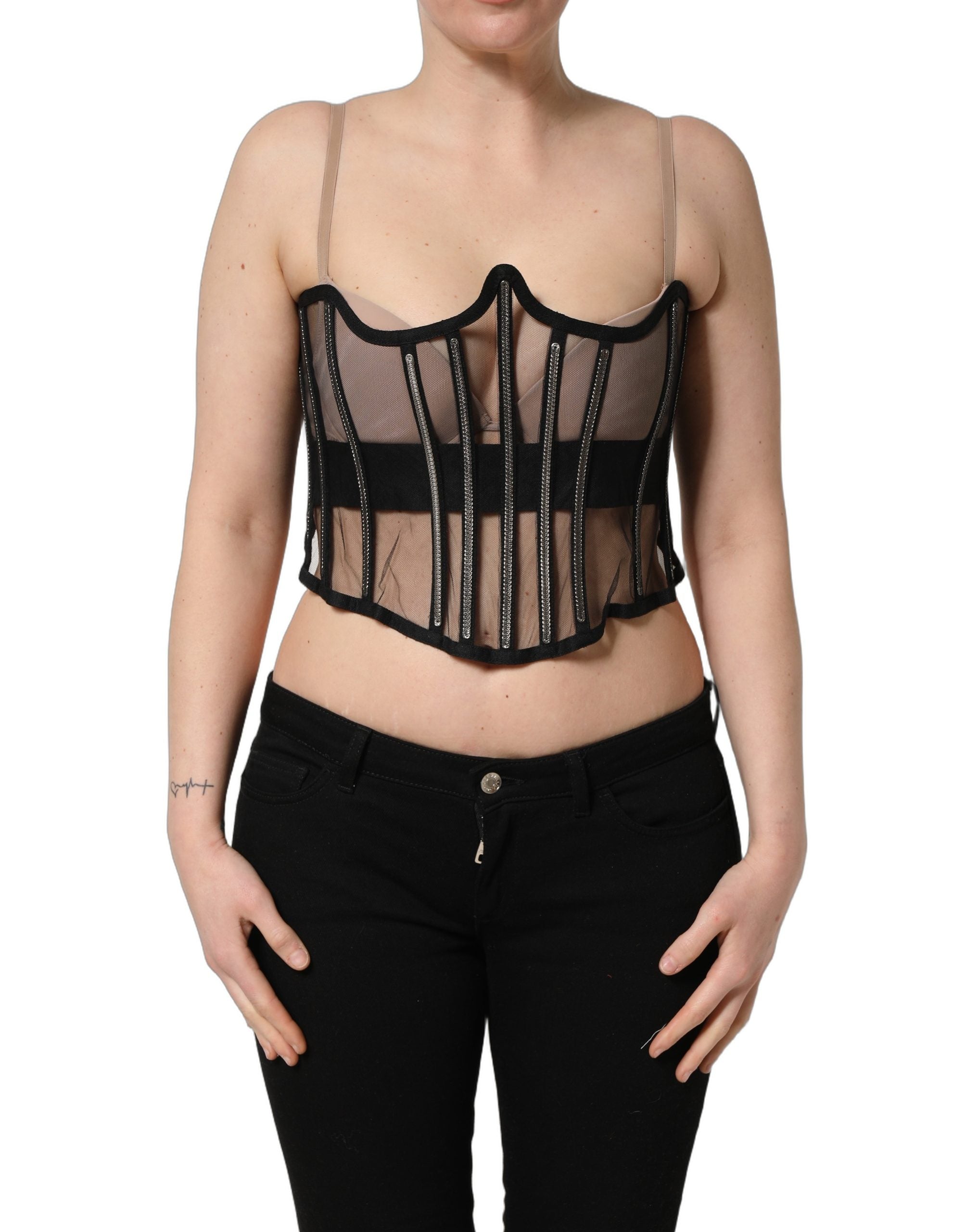 Dolce & Gabbana Black Sheer Tulle Bodysuit Cropped Corset Women's Top