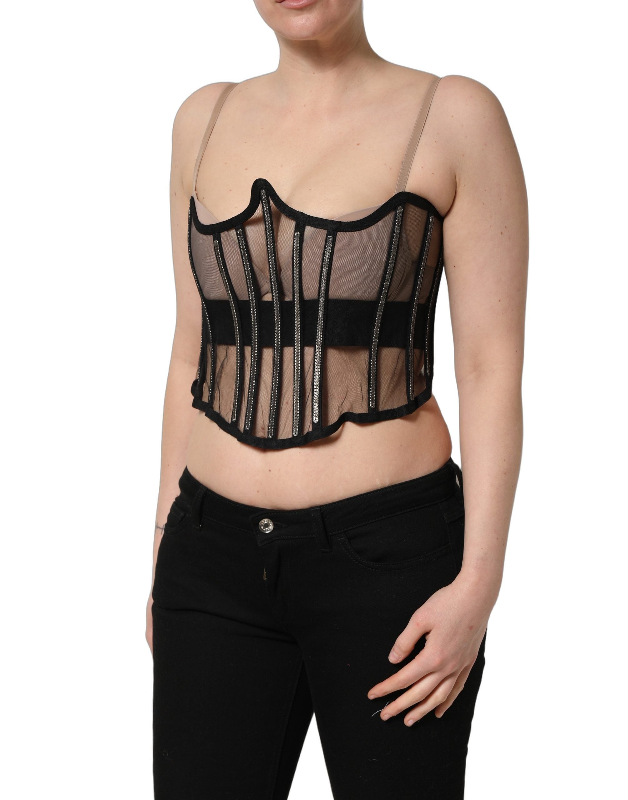 Dolce & Gabbana Black Sheer Tulle Bodysuit Cropped Corset Women's Top