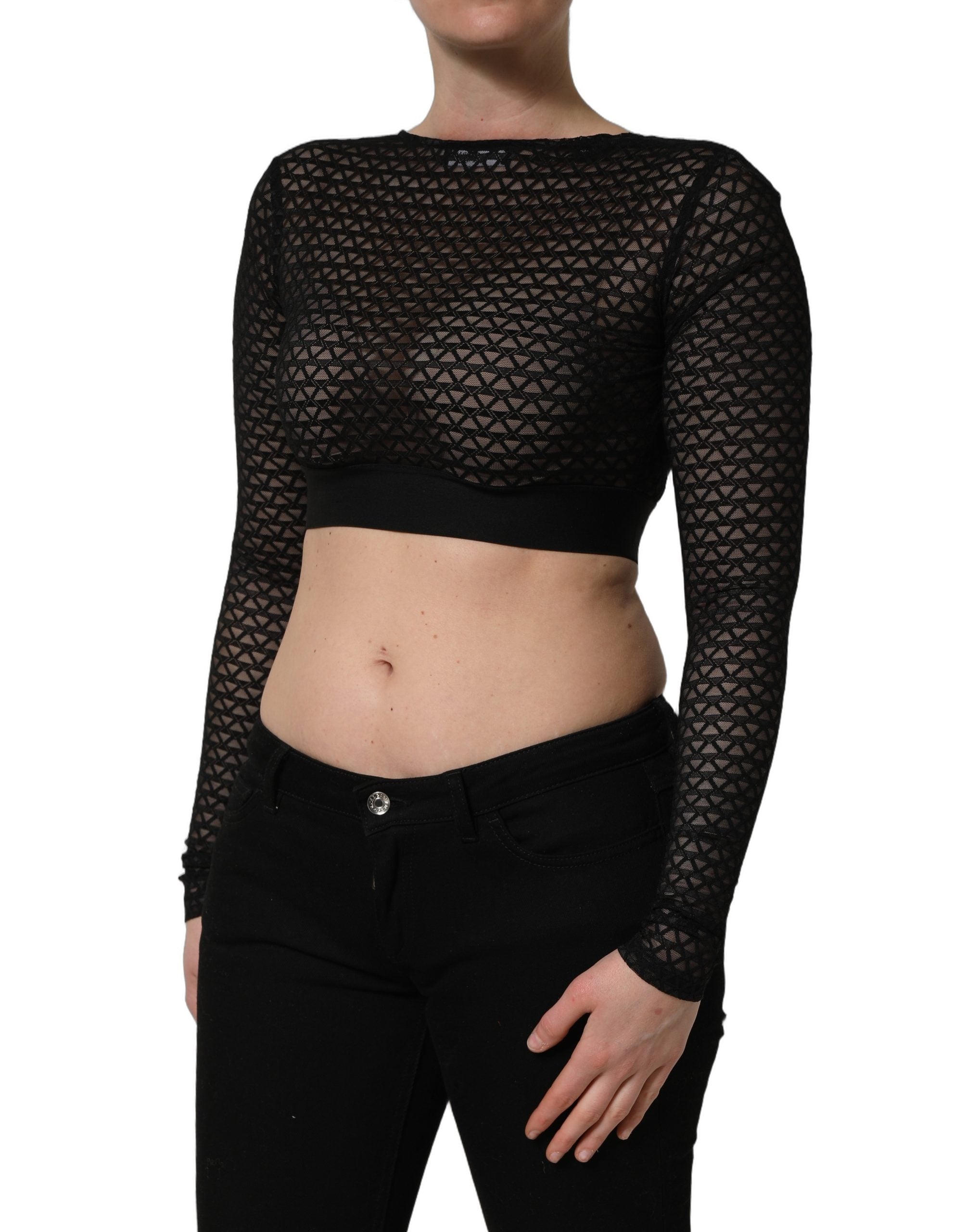 Dolce & Gabbana Black Nylon Fishnet Long Sleeve Cropped Women's Top