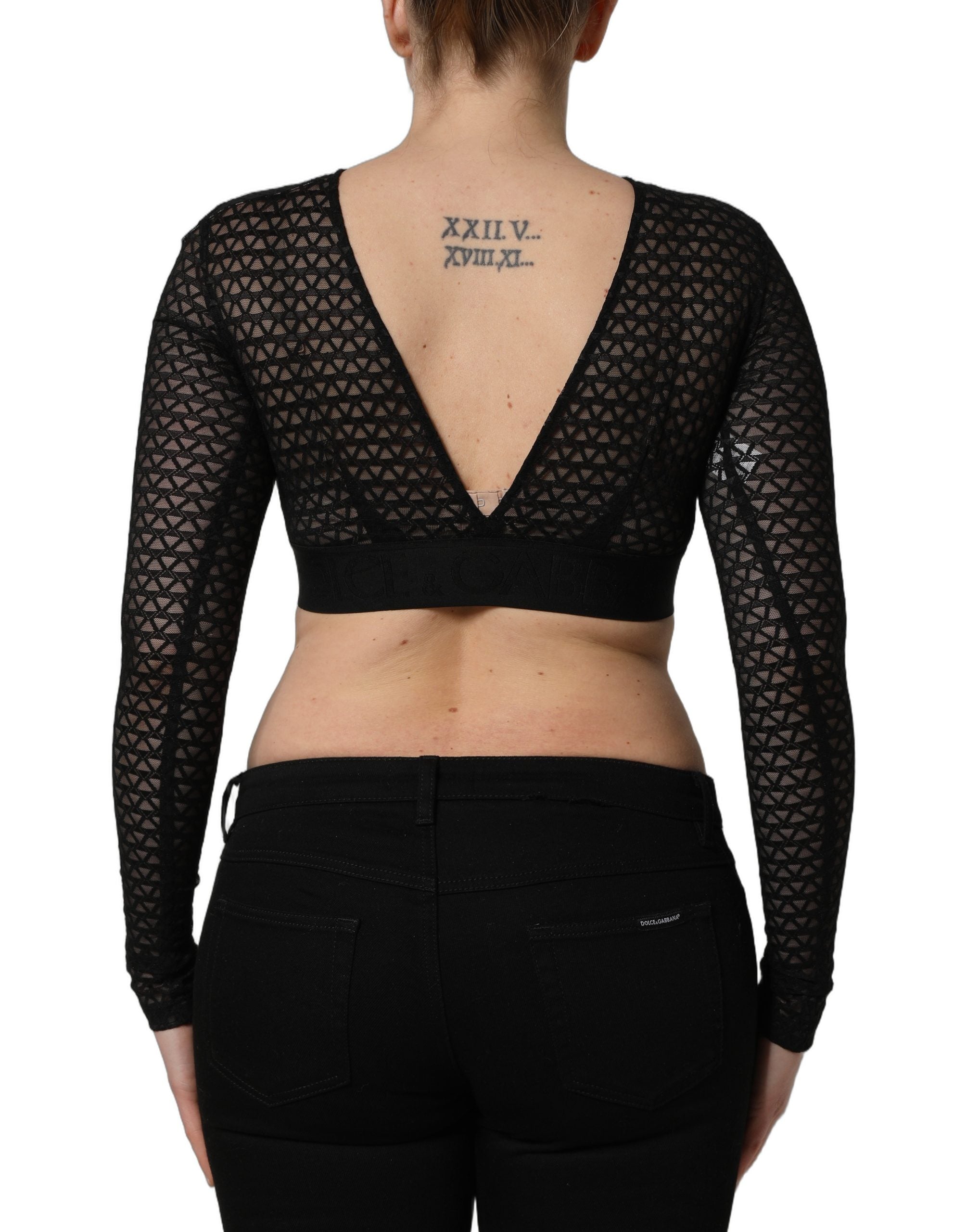Dolce & Gabbana Black Nylon Fishnet Long Sleeve Cropped Women's Top