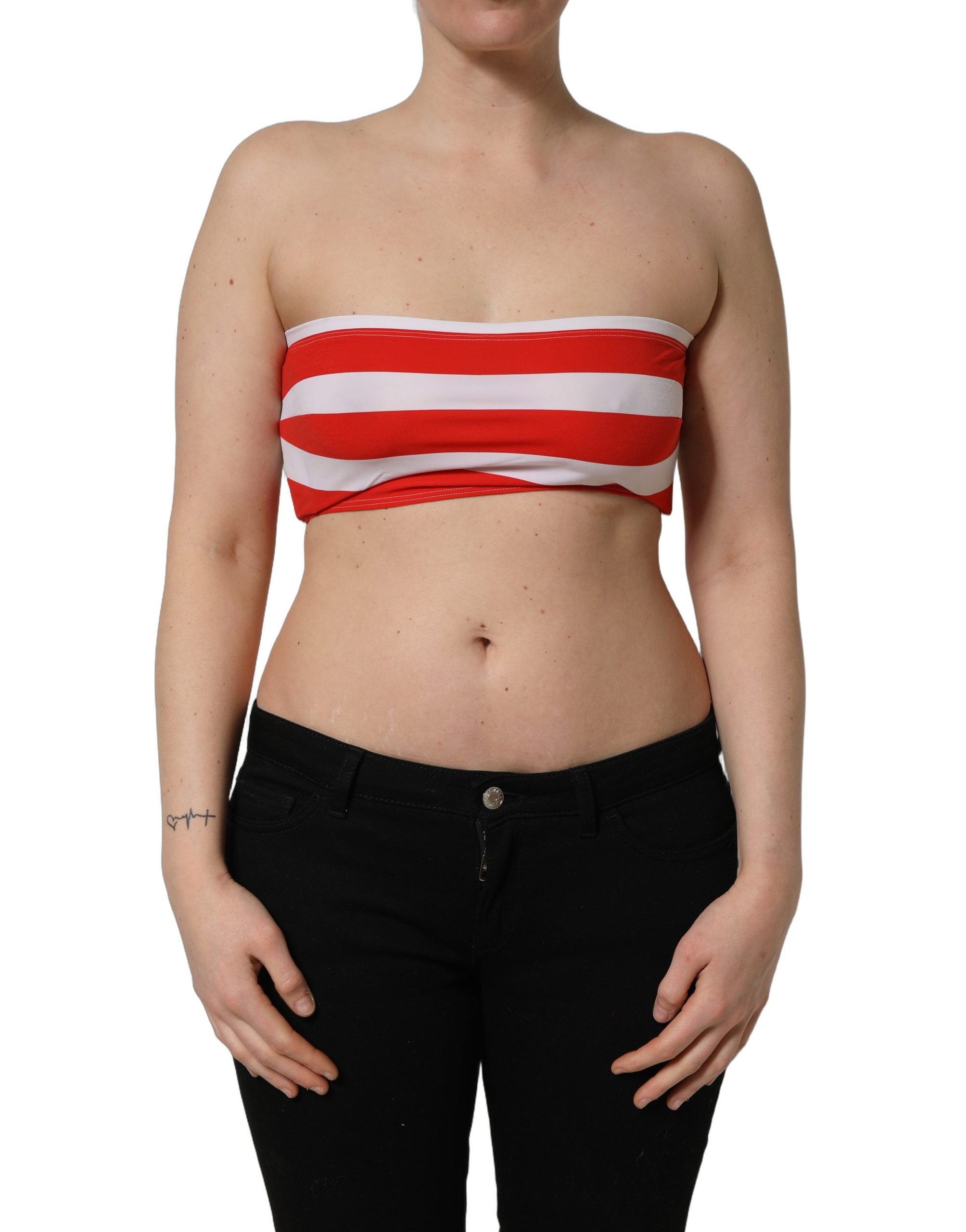 トップス DOLCE&GABBANA Dolce & Gabbana White Red Nylon Striped Ribbed Tube Crop Women's Top